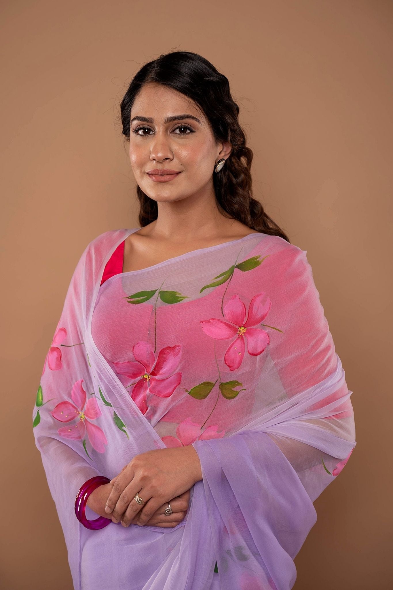 Viscose Chiffon Lavender Handpainted Saree