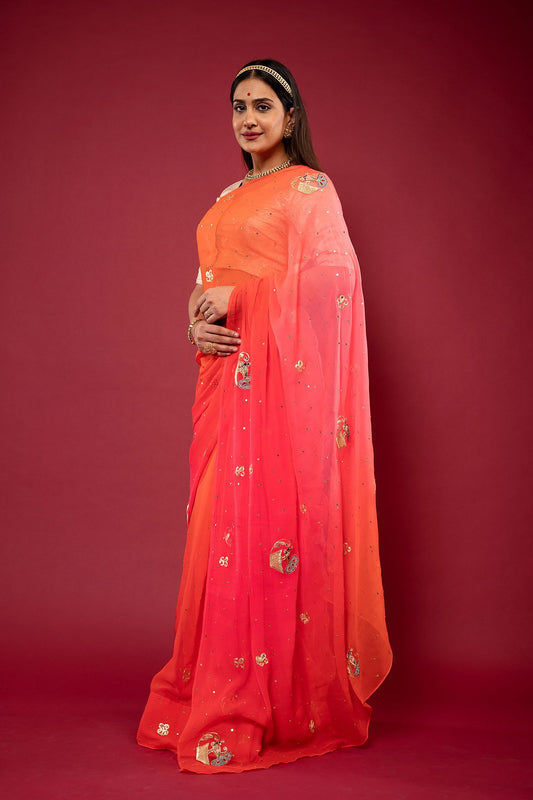 Orange Shaded Real Silver work Saree