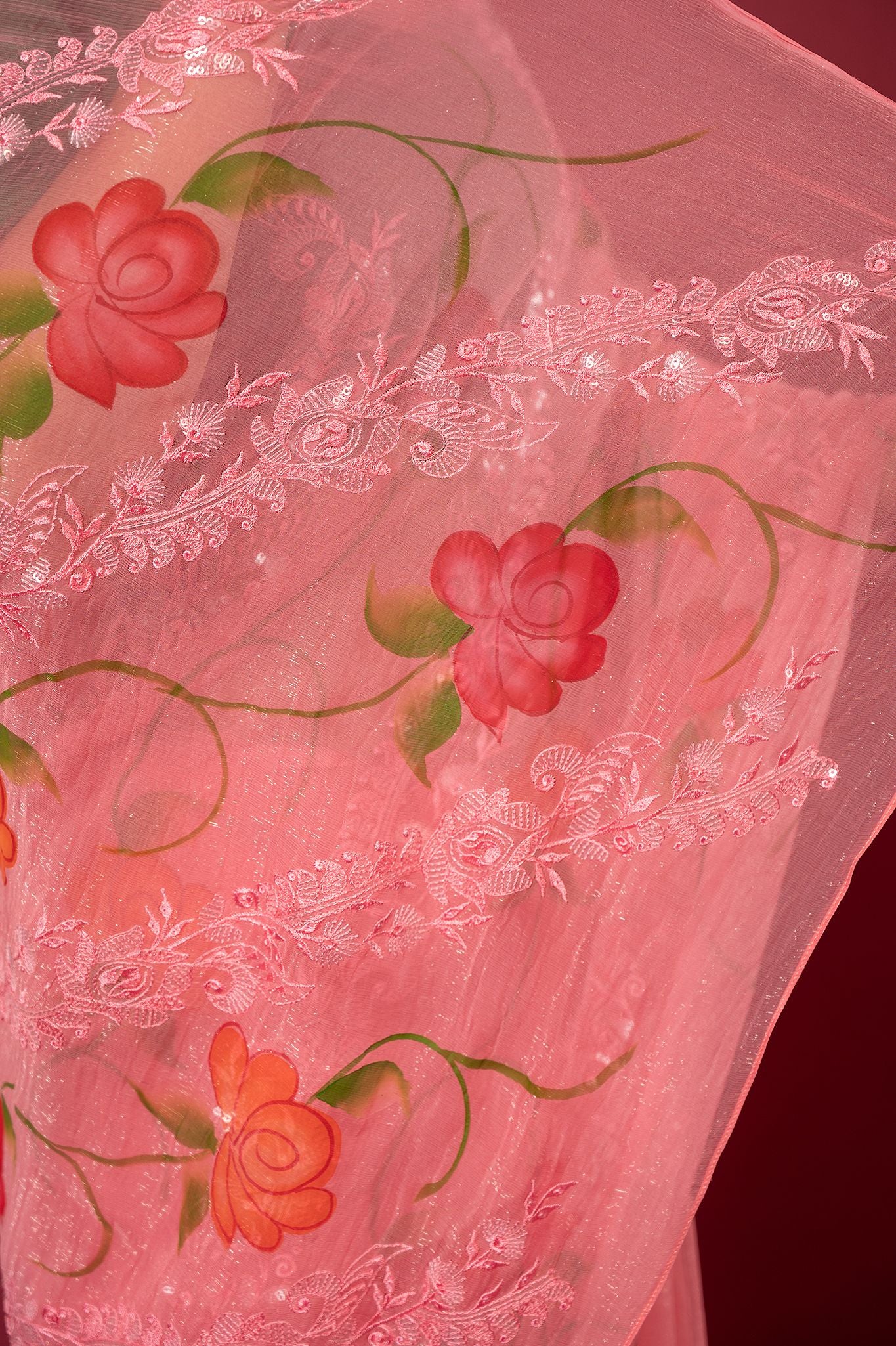 Viscose Chiffon Shimmer Brush Work Saree
