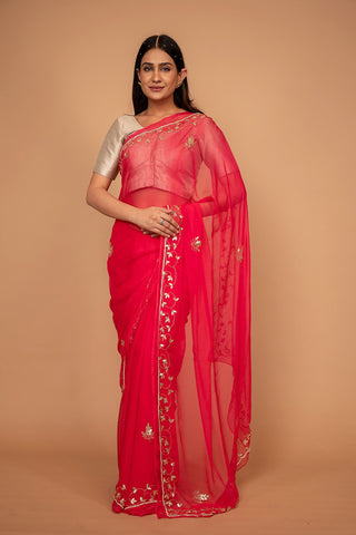 Red Viscose Chiffon Kardhana Border Work Saree