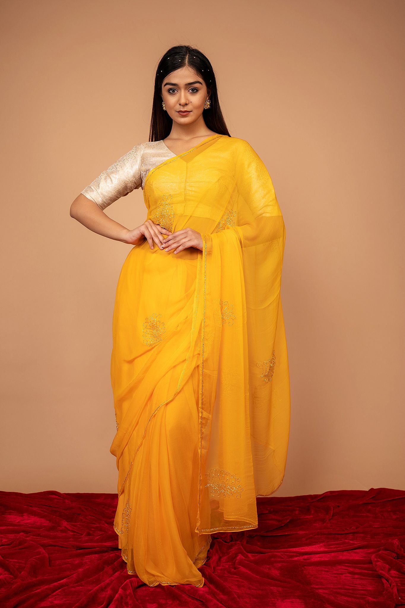 Yellow viscose chiffon kardana motif handwork casual wear saree