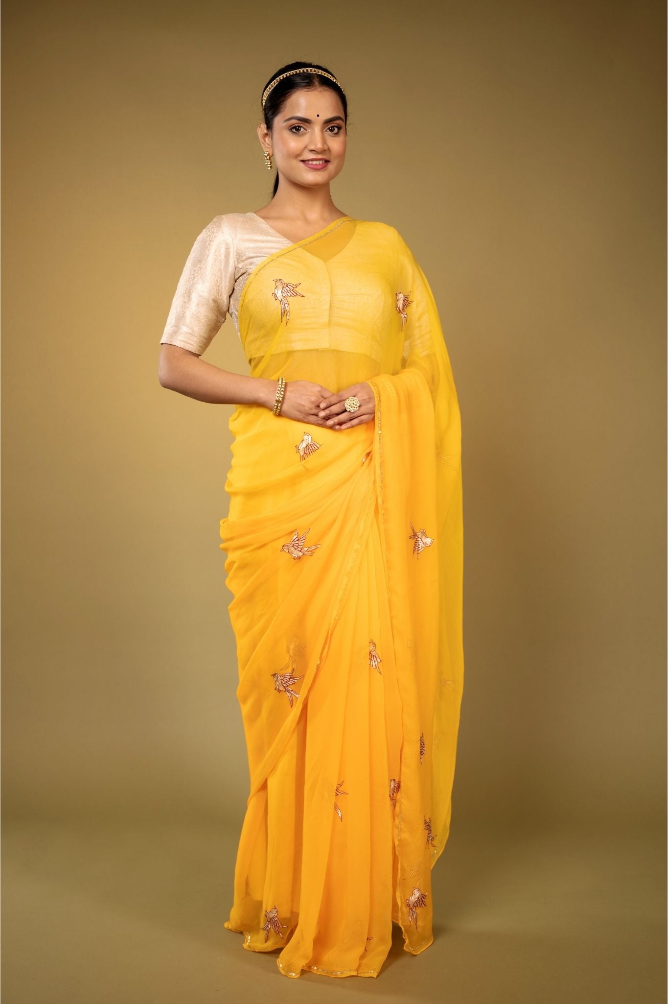 Yellow brush painted viscose chiffon saree | Kiran's Boutique