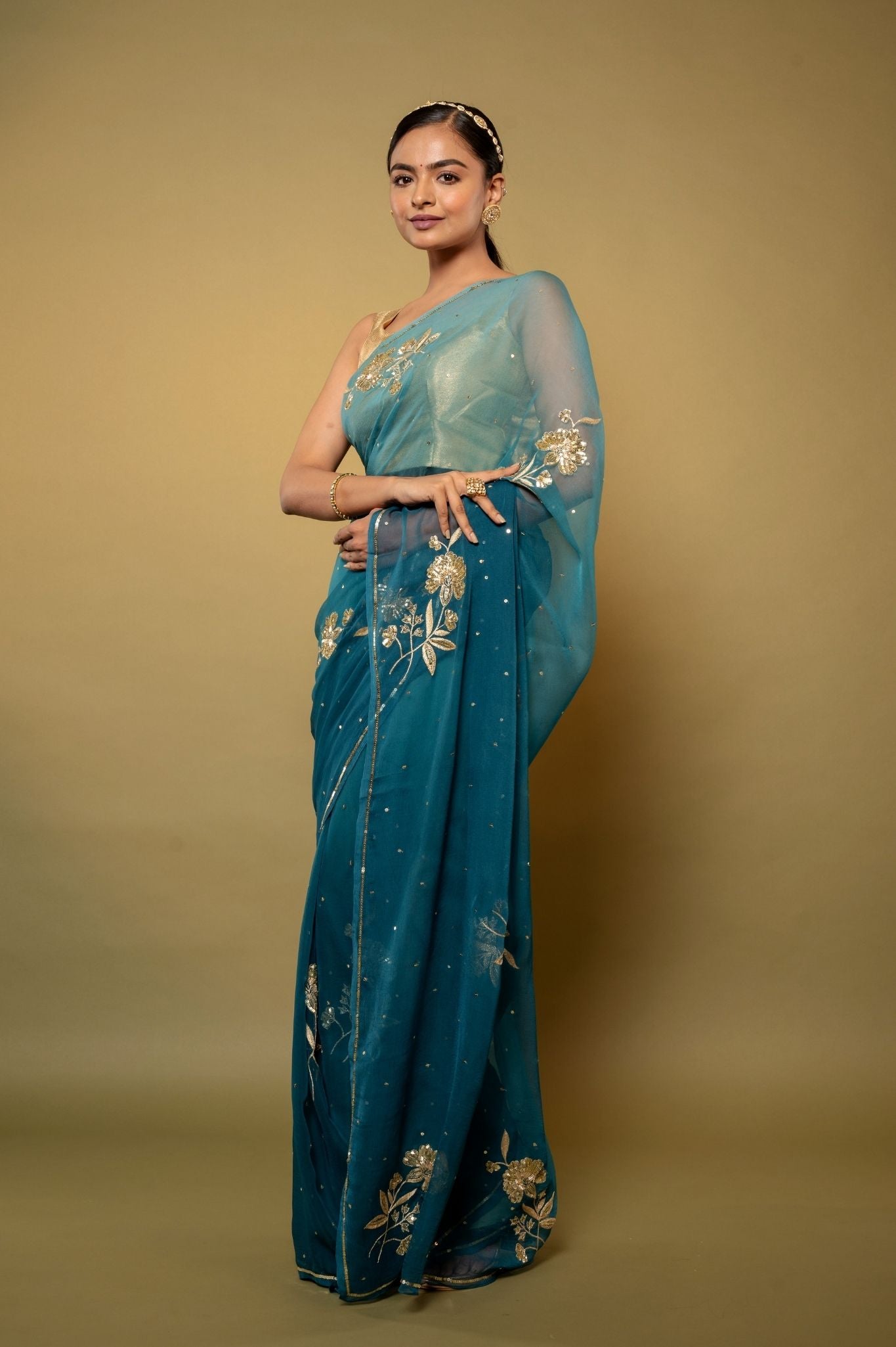 Rama blue light dark Viscose Chiffon aari sequins  motif handwork casual wear saree