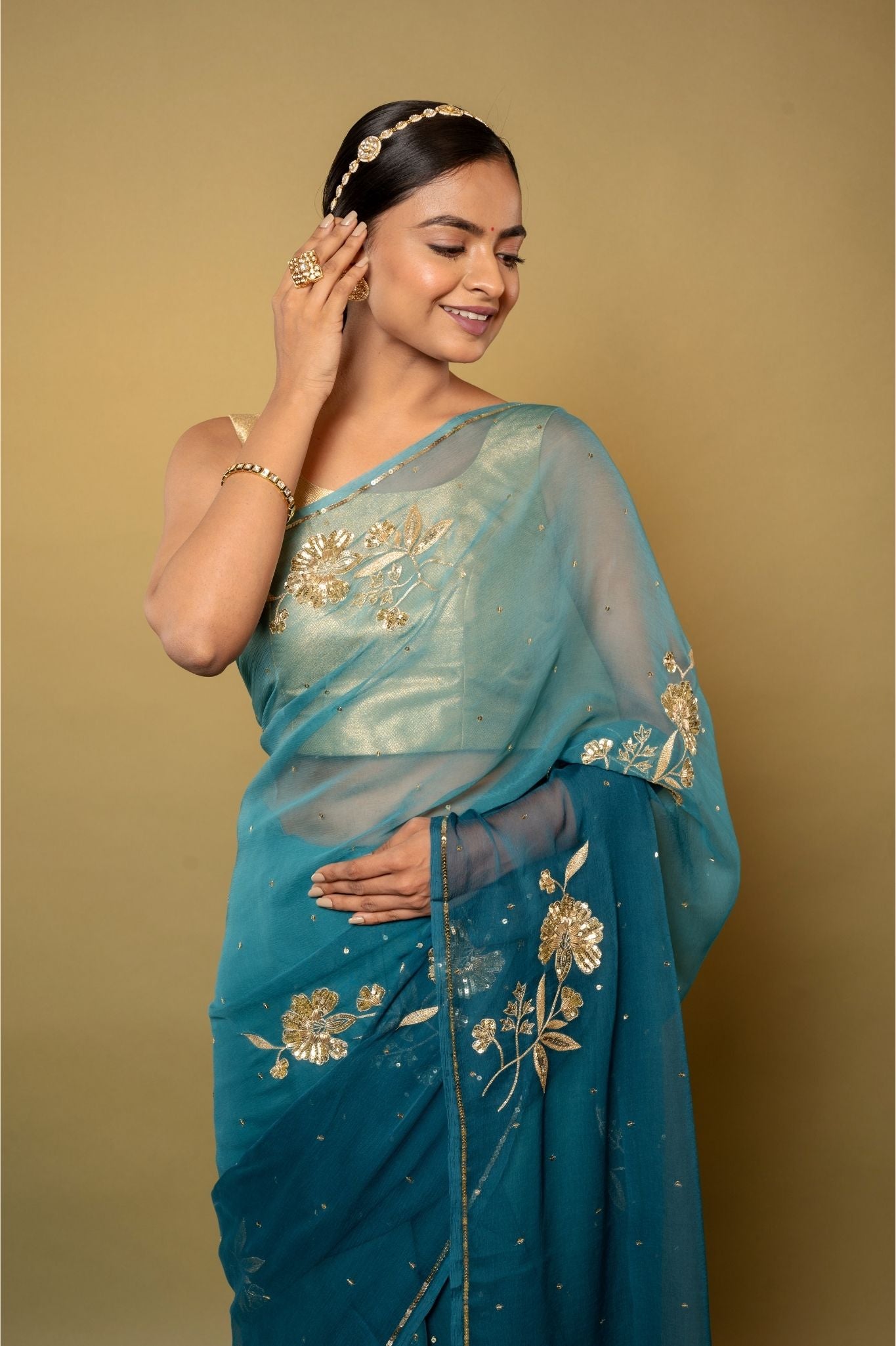 Rama blue light dark Viscose Chiffon aari sequins  motif handwork casual wear saree