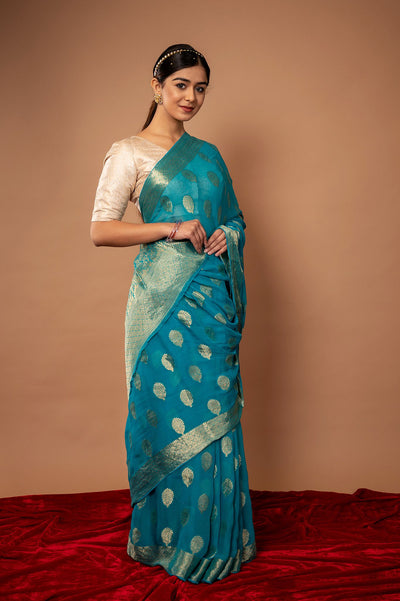 Viscose Chiffon Sky Blue Siquin Work Saree