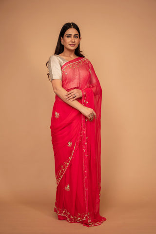 Red Viscose Chiffon Kardhana Border Work Saree