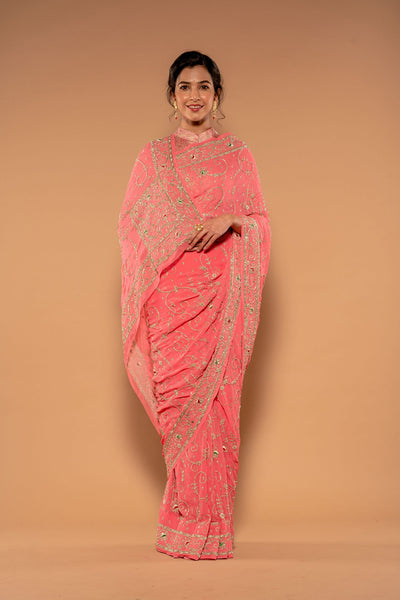 Aari Resham & Zardosi Pink Gorgette Saree