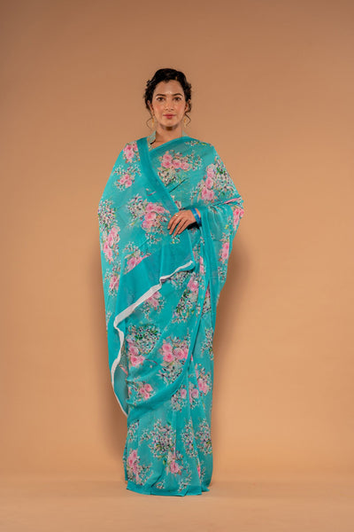 Printed Sky Blue pure Platinum Chiffon