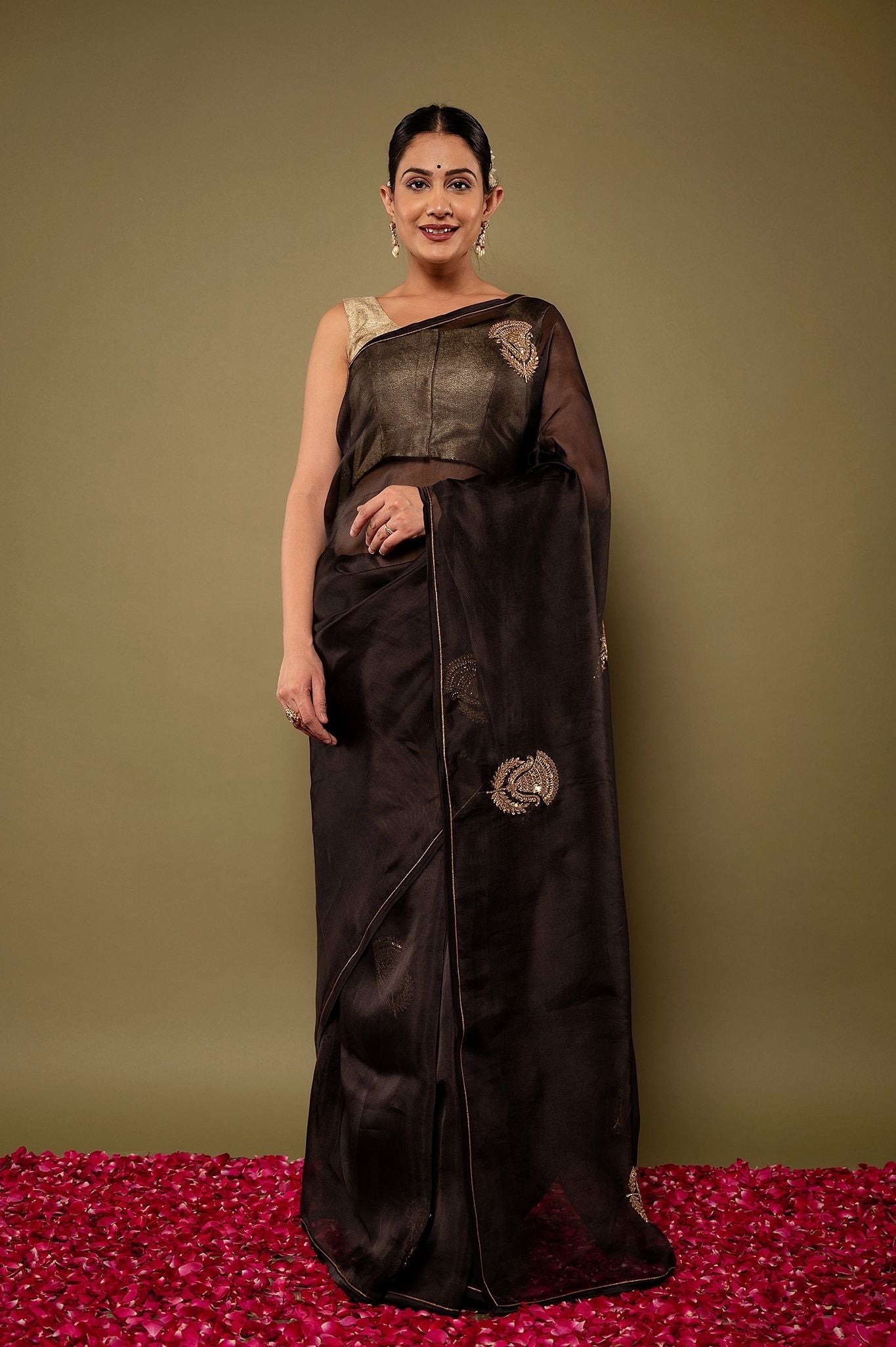 Black pure organza zardozi motif handwork saree