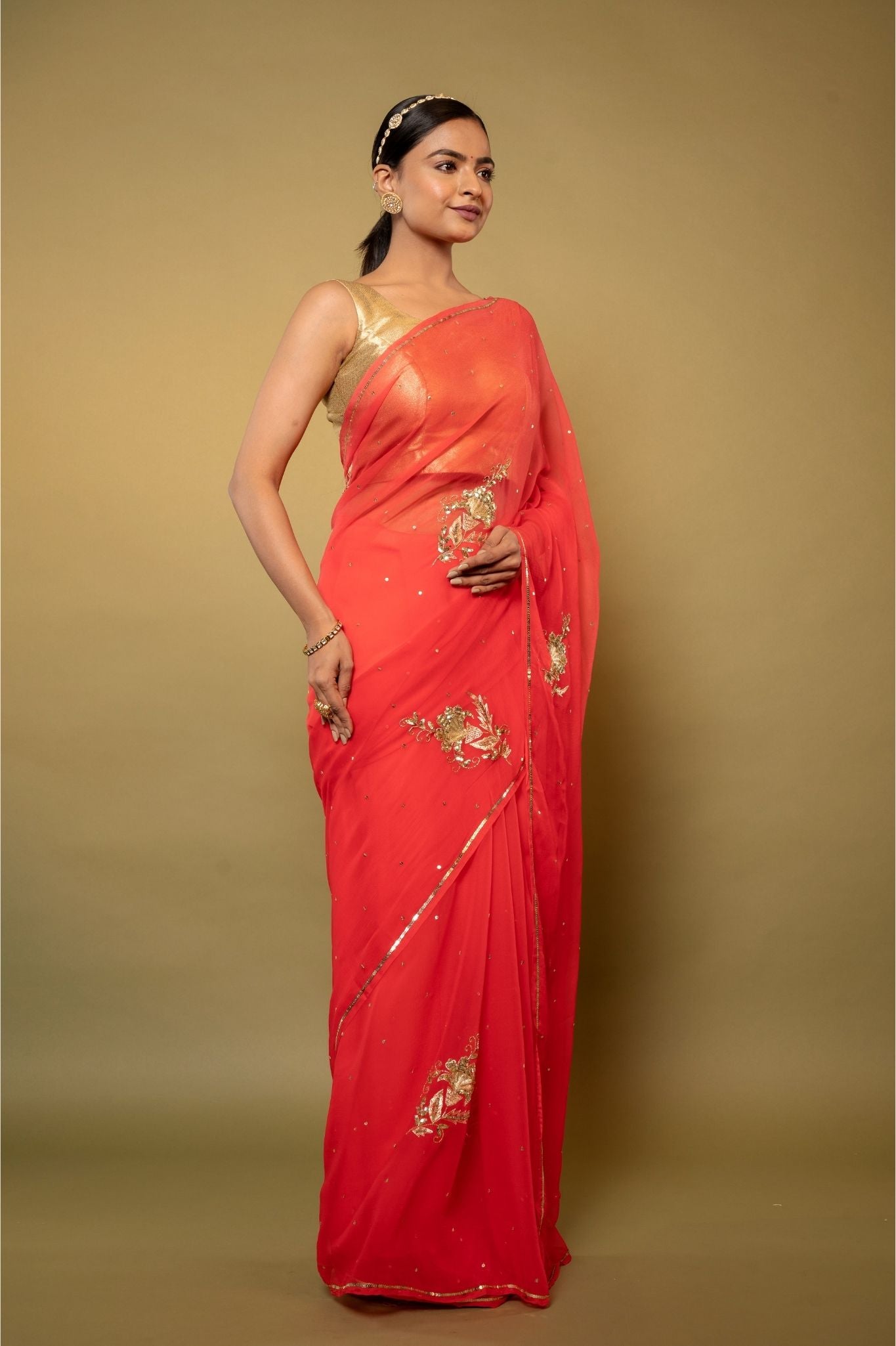 Warm Red Viscose Chiffon aari sequins  motif handwork casual wear saree