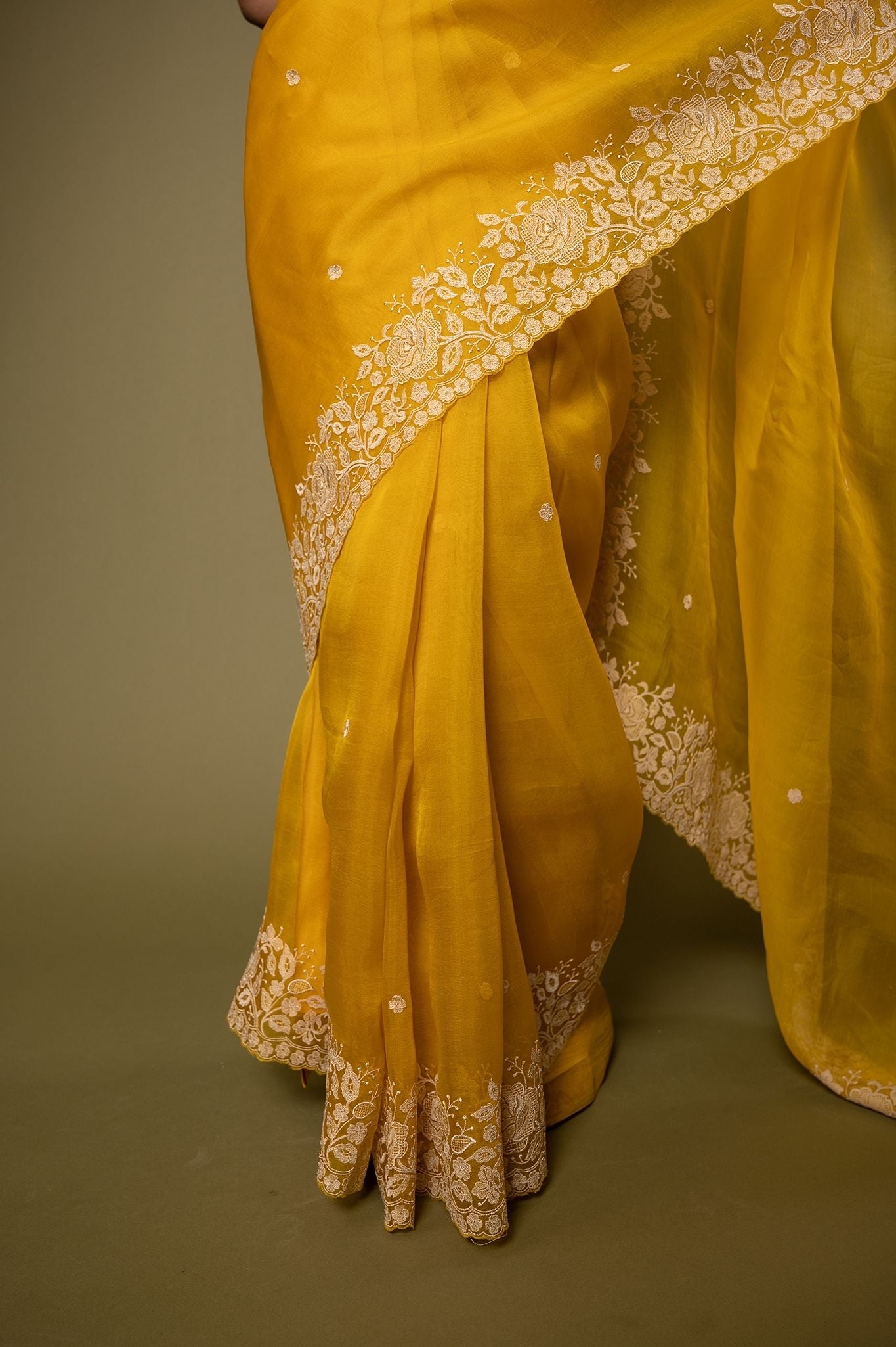 Yellow Organza  resham border butti handwork saree
