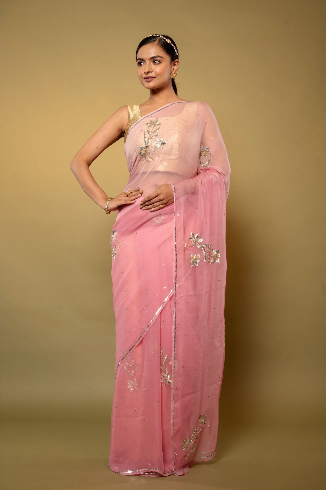 mate pink Viscose Chiffon Aari sequins  Motif handwork casual wear saree