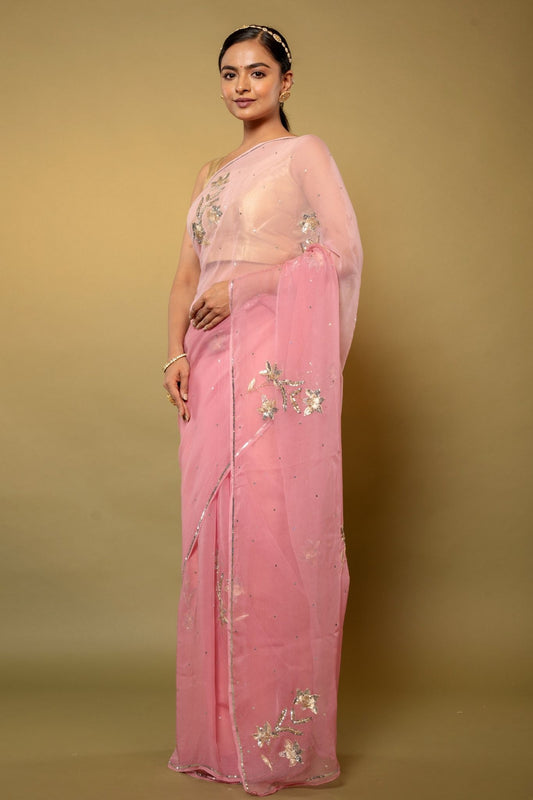 Pink Viscose Chiffon Aari sequins work Saree