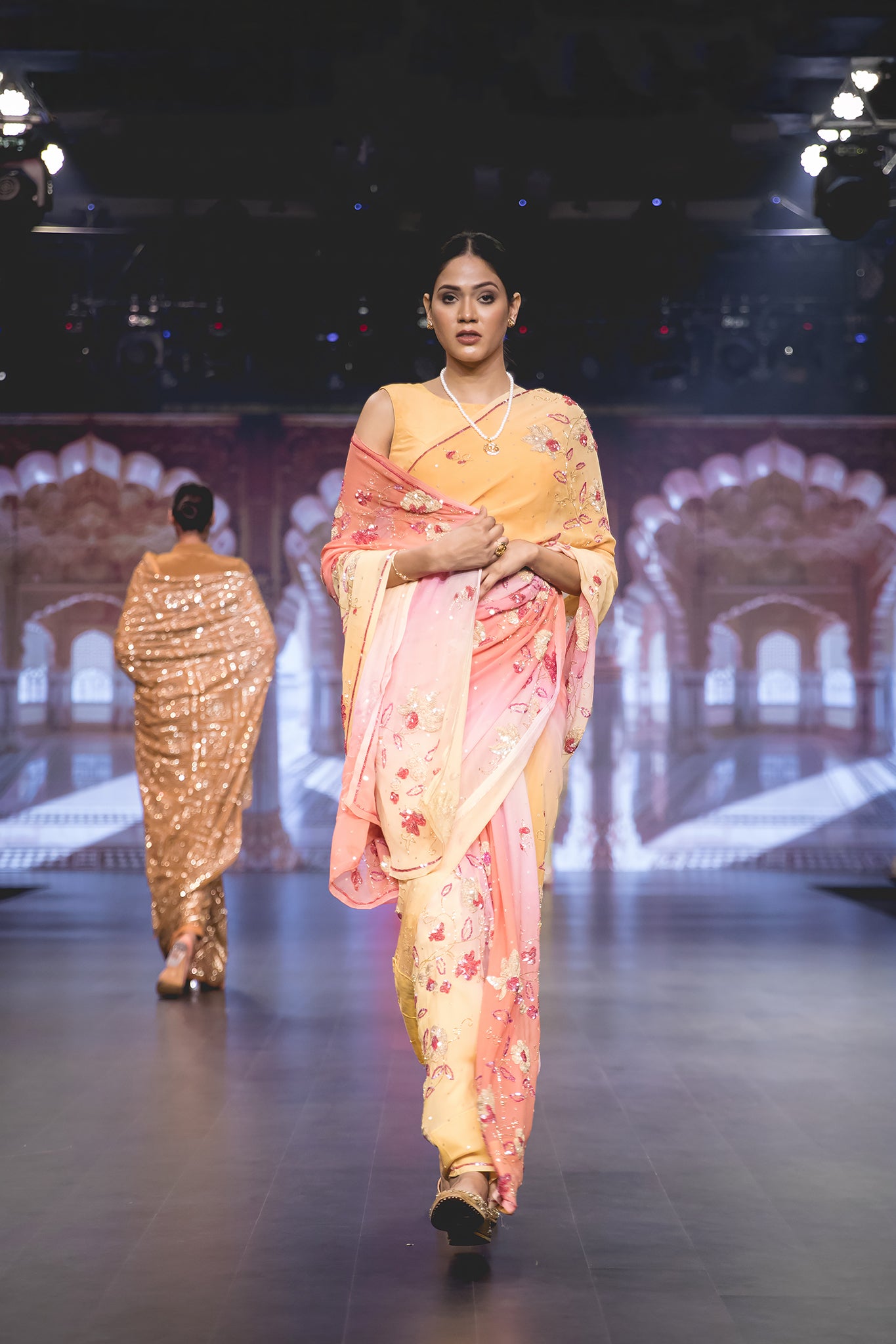 Peach Pink Gajri Pure Chiffon Sequins Kardana Flower Handwork Party Wear Saree with Blouse