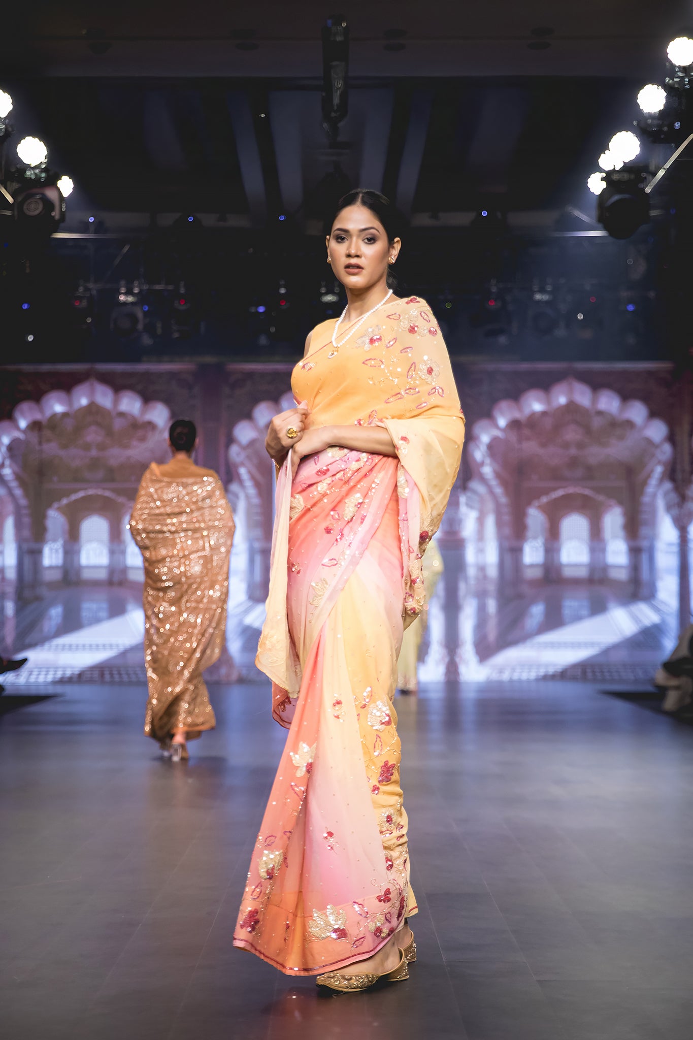 Peach Pink Gajri Pure Chiffon Sequins Kardana Flower Handwork Party Wear Saree with Blouse