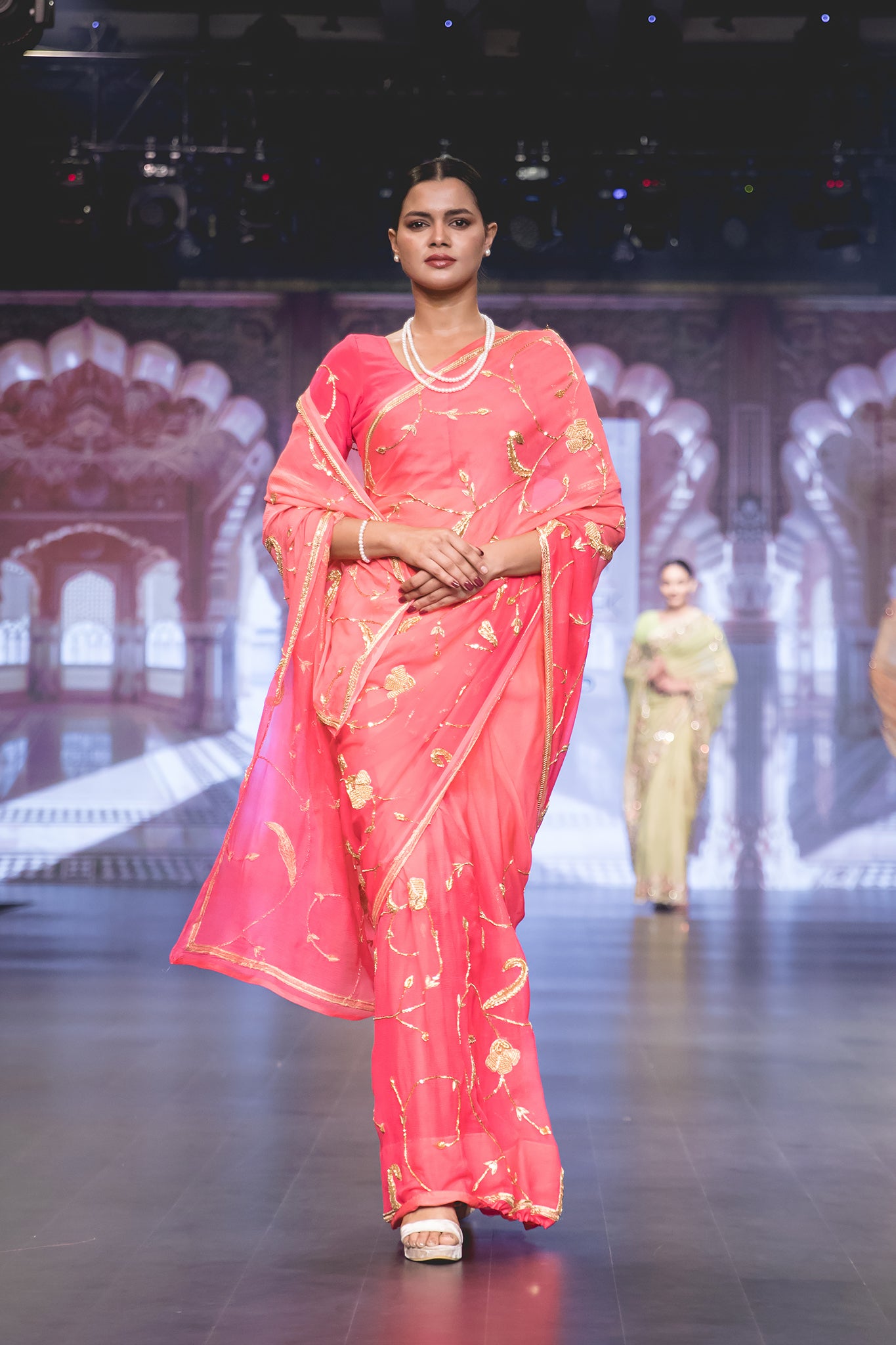 Gajri Pink Pure Chiffon Zardozi Sequins Flower Jaal  Handwork Party Wear Saree with Blouse