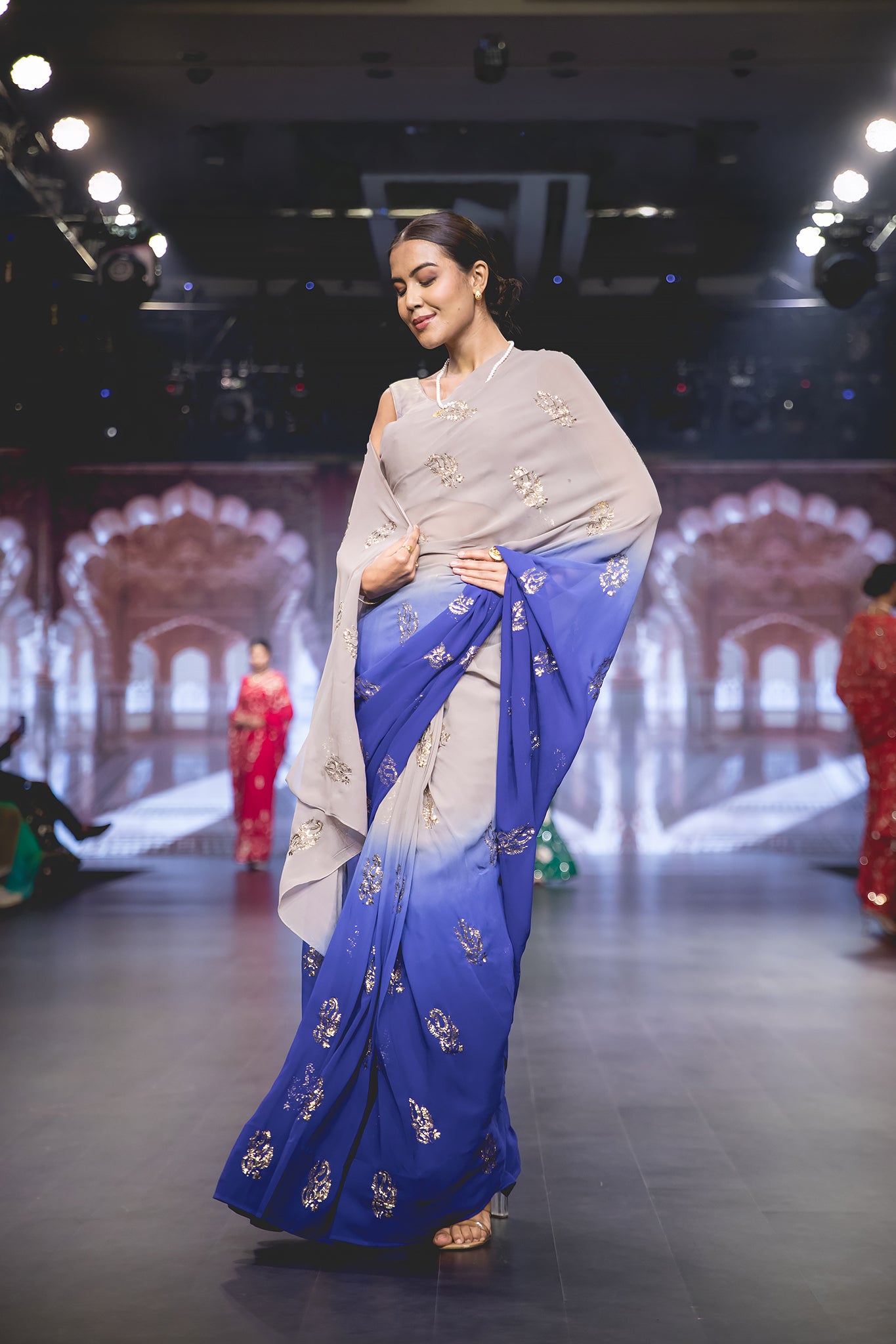 Grey Blue Ombre Pure 60gm Georgette Mukesh Baadla Work Motif (Booty) All Over Handwork Party Wear Saree  with Blouse