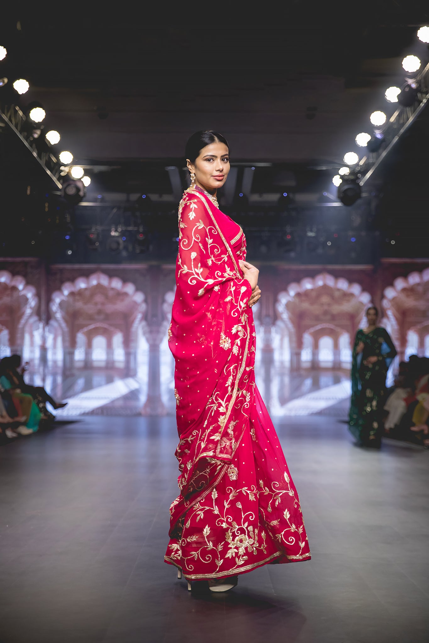 Red Pure Chiffon Aari Sequins Zardozi French Knot Flower Leaf Motif (Booty) all over Jaal Handwork Party Wear Saree  with Blouse