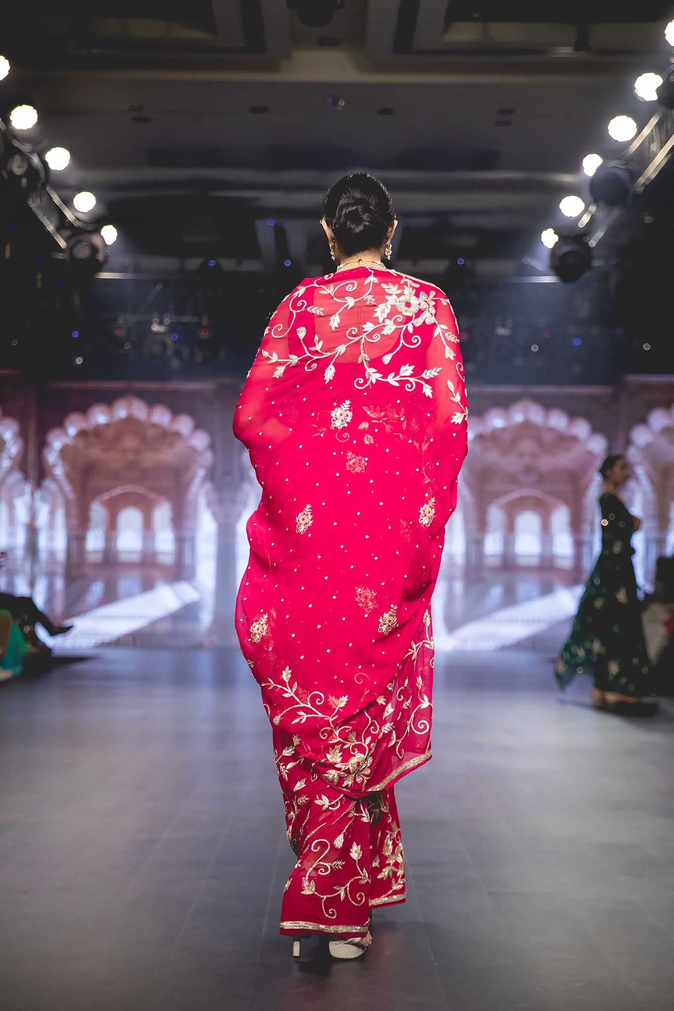 Red Pure Chiffon Aari Sequins Zardozi French Knot Flower Leaf Motif (Booty) all over Jaal Handwork Party Wear Saree  with Blouse