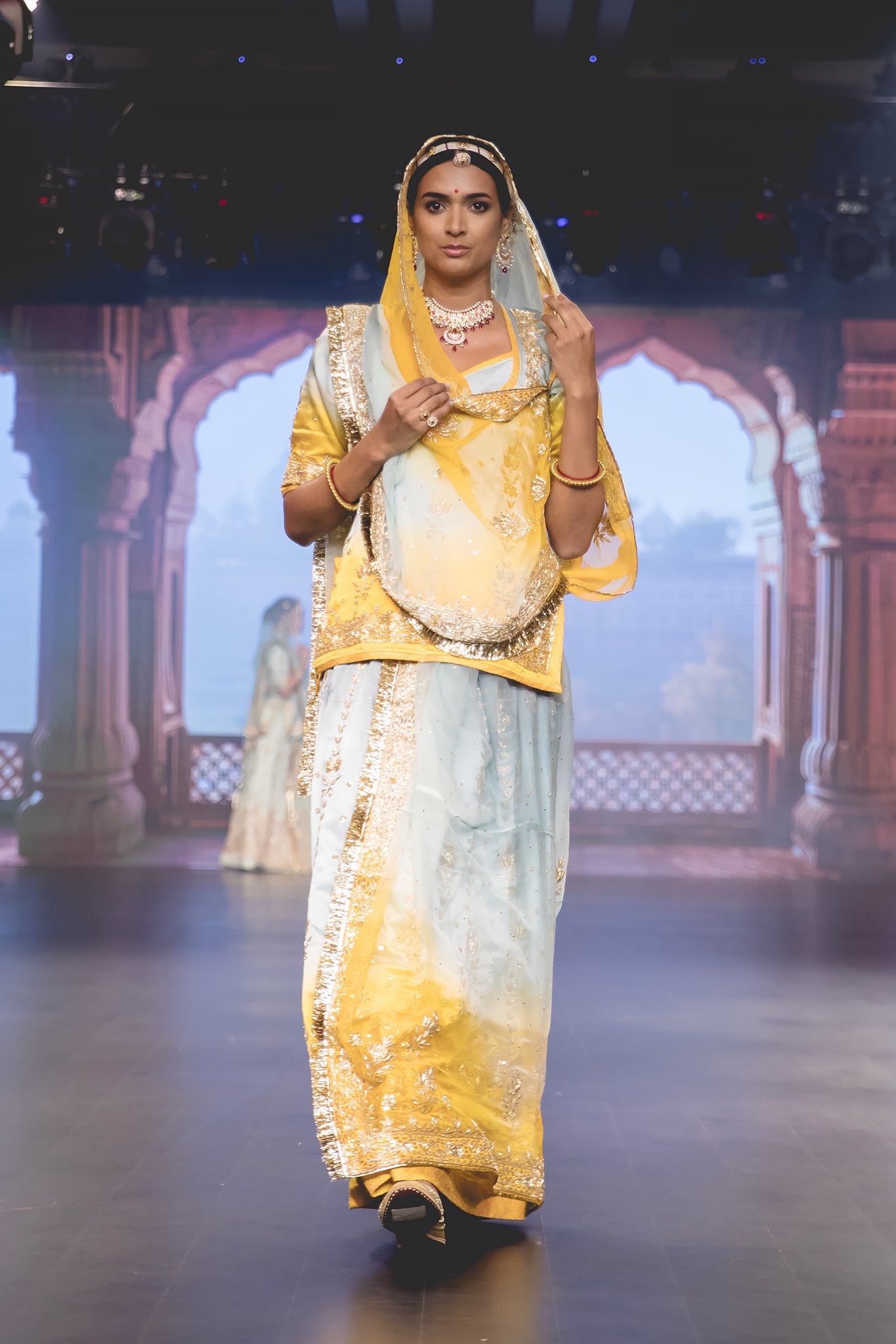Yellow Gray Ombre Pure Satin Salma Dabka Zardozi  Handwork  Poshak with pure odhna (unstitched)