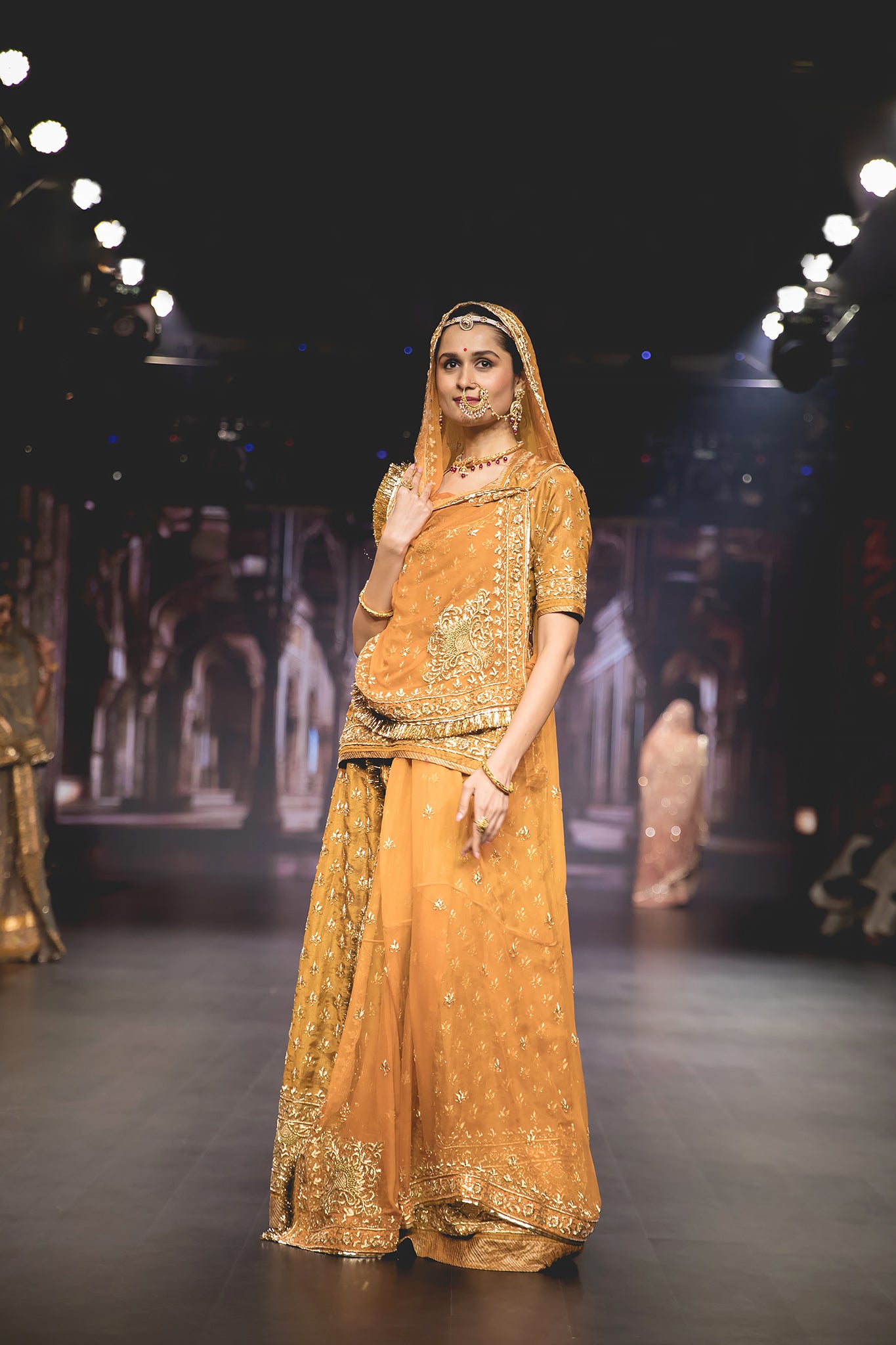 Tobacco Brown Pure Tissue Zardozi Sequins French Knot Heavy Border with Small Motif (Booty) all Over Handwork  Poshak with Pure Odhana (unstitched)