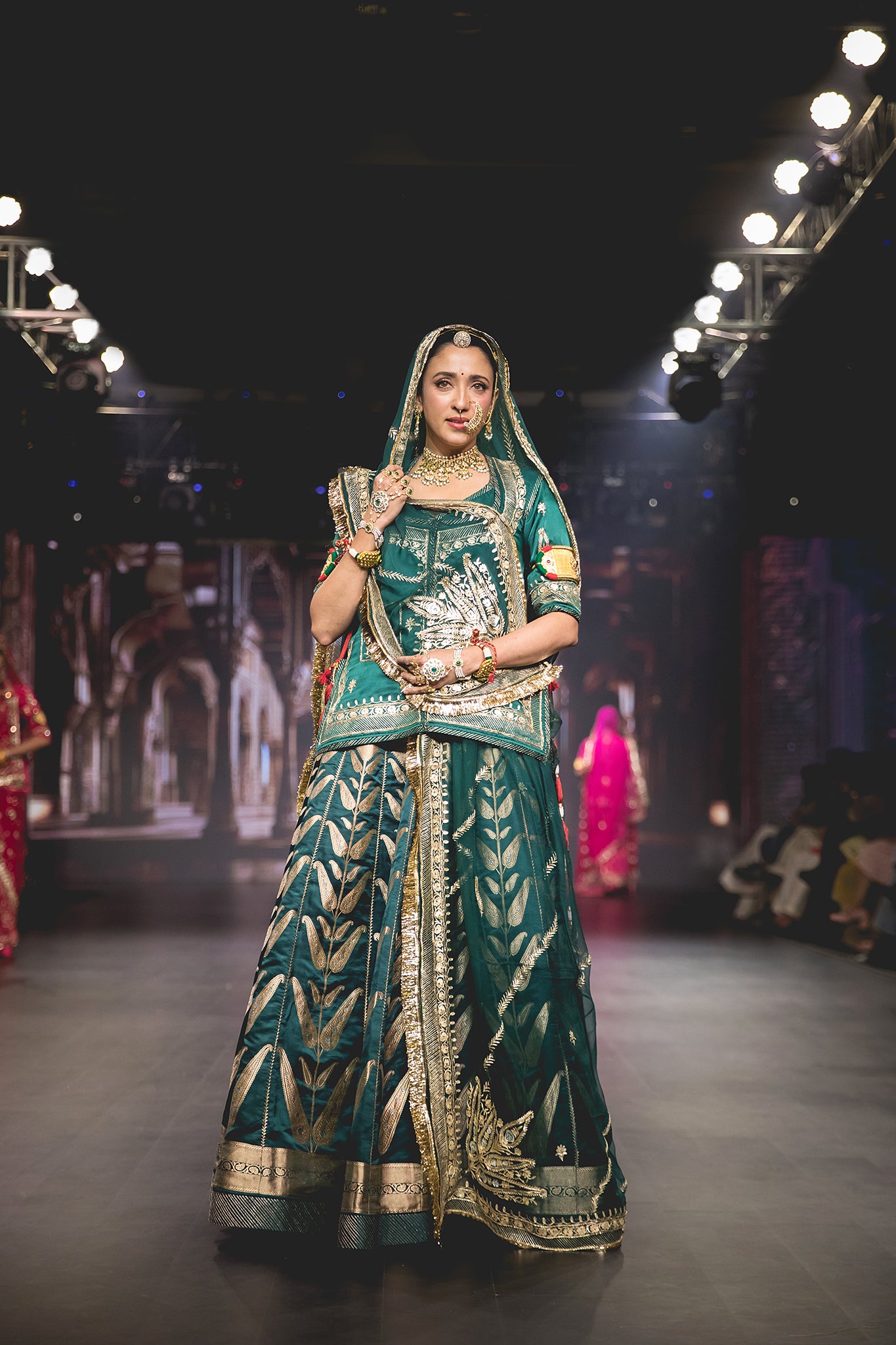 Bottle Green Pure Silk Banarsi Kali Pattern Leaf Handloom  Poshak with Pure Odhana (unstitched)