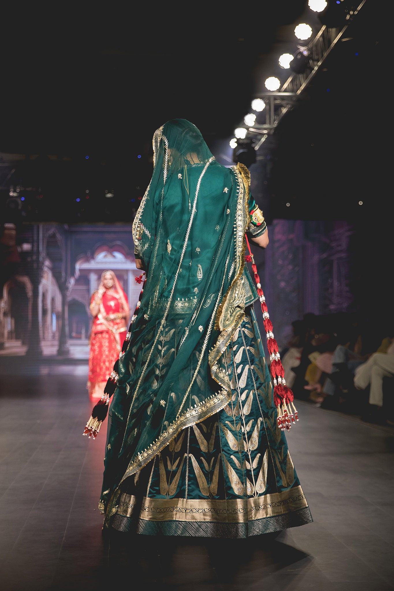 Bottle Green Pure Silk Banarsi Kali Pattern Leaf Handloom  Poshak with Pure Odhana (unstitched)