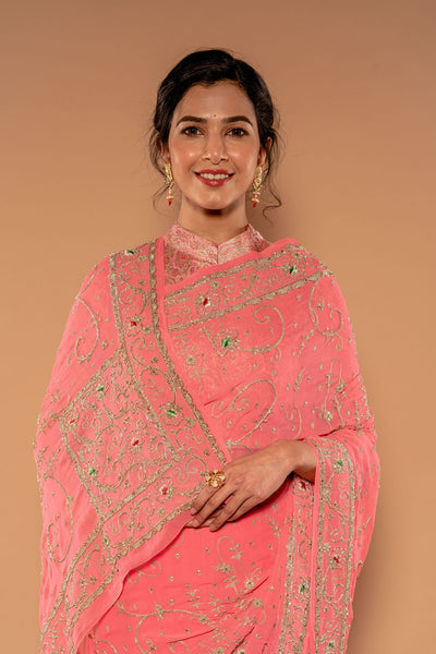 Aari Resham & Zardosi Pink Gorgette Saree