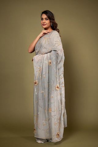 Pure Chiffon Grey Siquin Work Saree