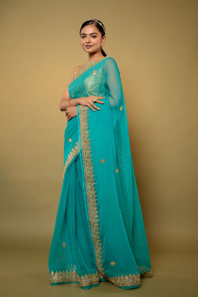 Noor Gota Turquoise Chiffon Saree
