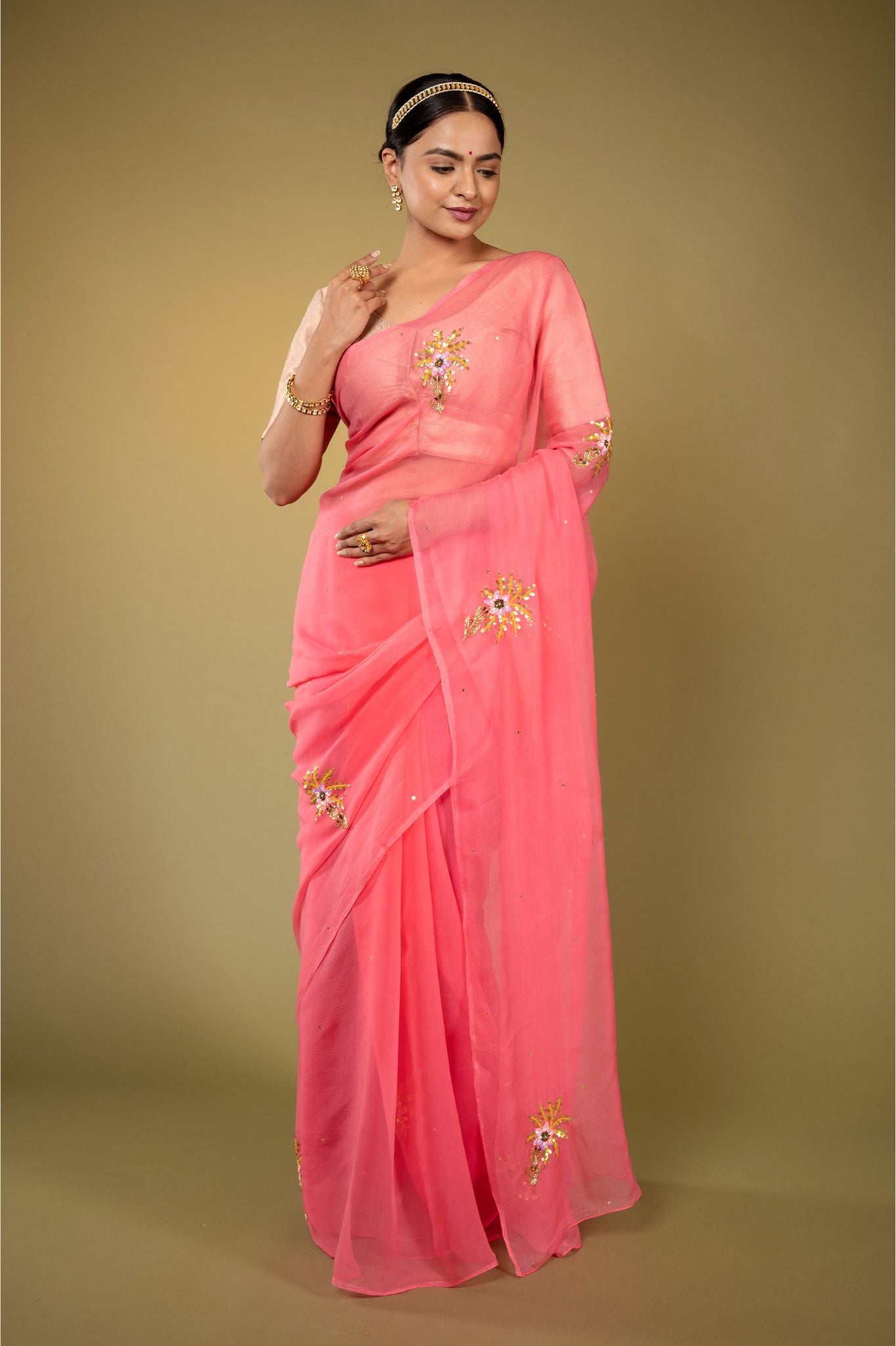 Gajri Pink Chiffon Saree
