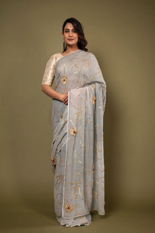 Pure Chiffon Grey Siquin Work Saree