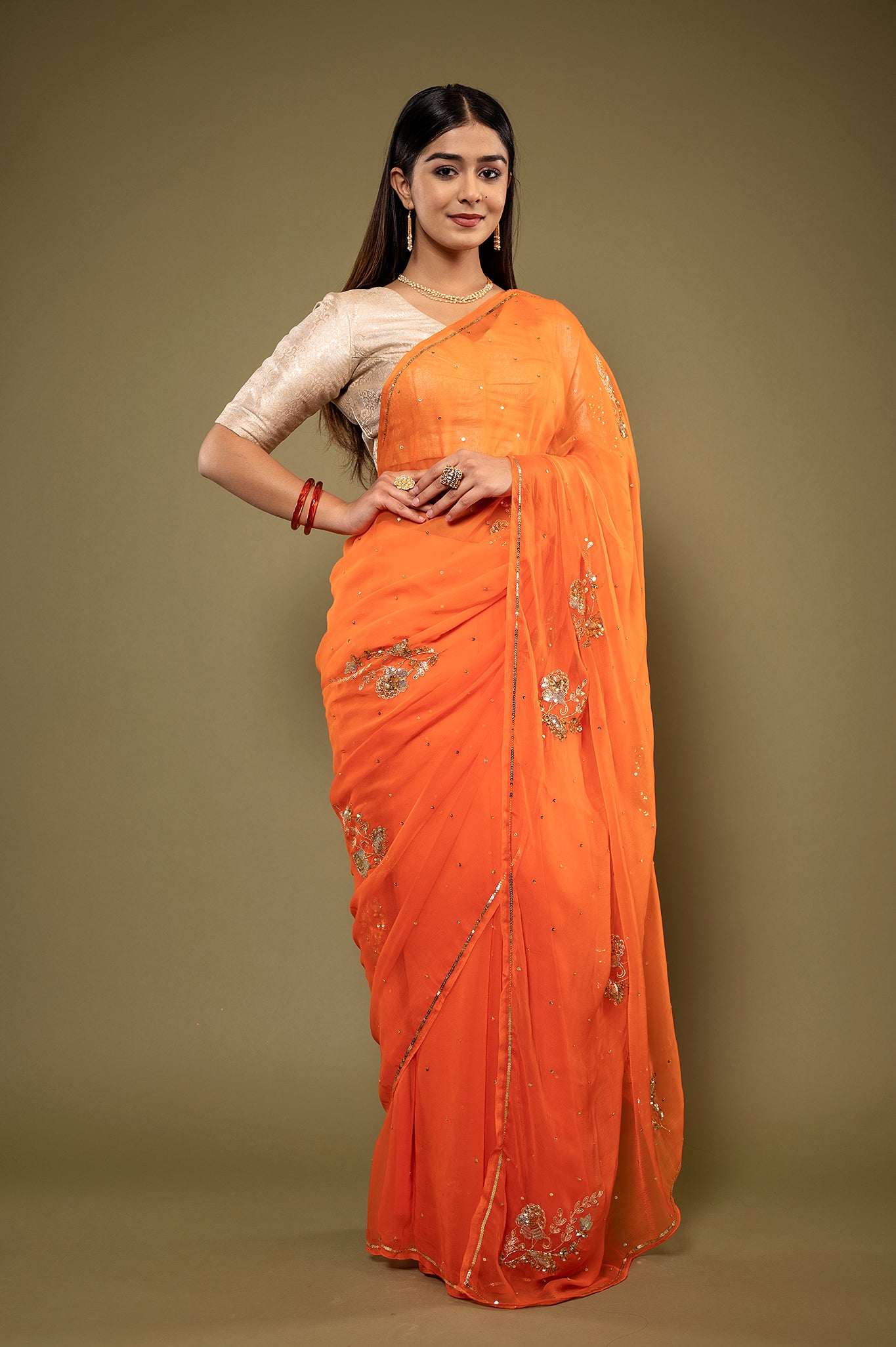 Orange light dark viscose chiffon aari sequins  handwork casual wear saree