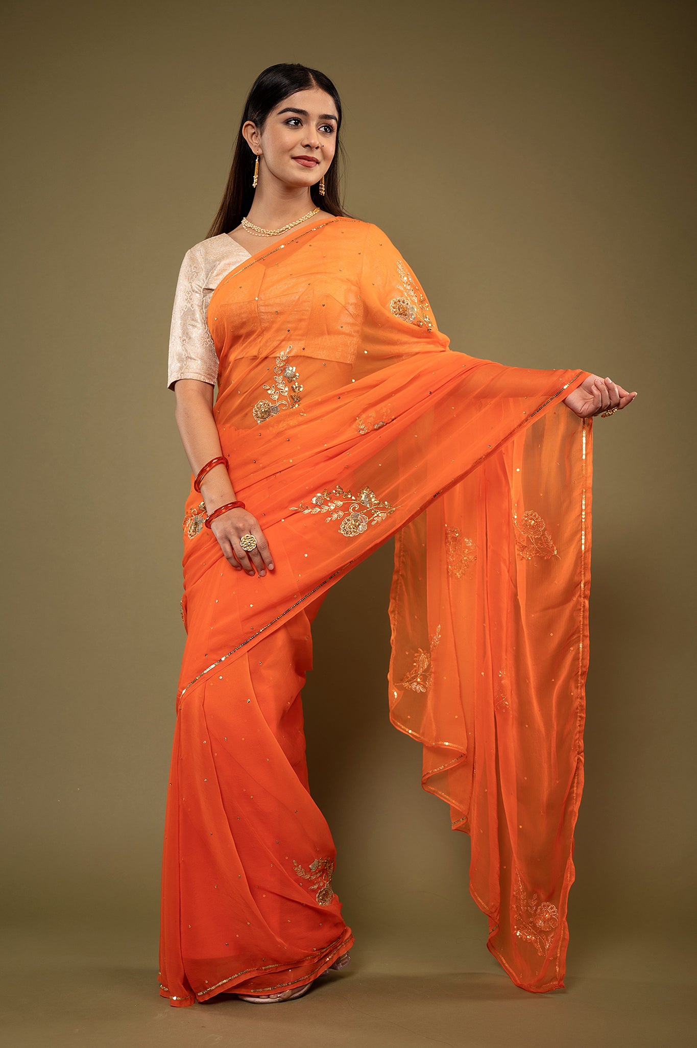 Orange light dark viscose chiffon aari sequins  handwork casual wear saree