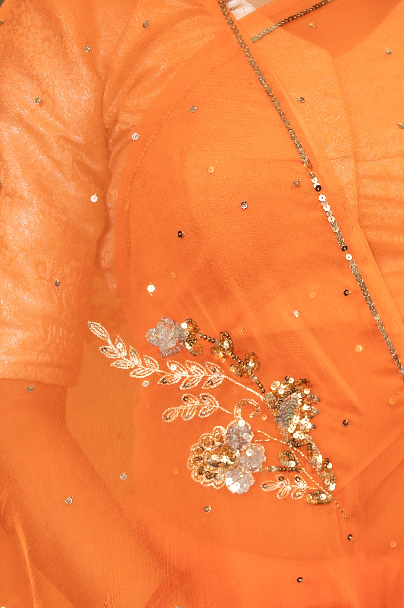 Orange light dark viscose chiffon aari sequins  handwork casual wear saree