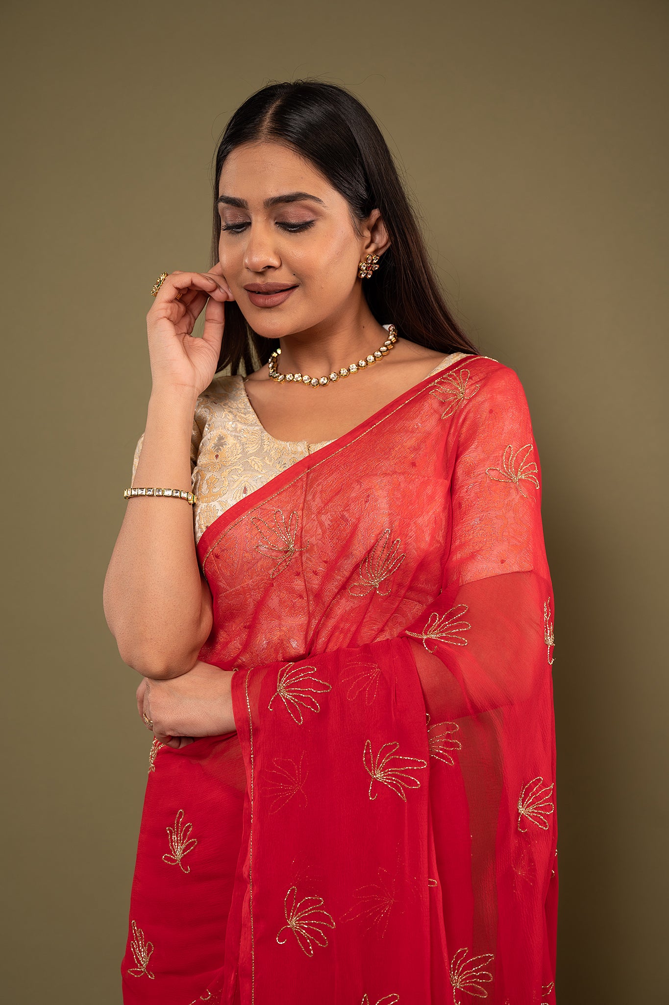 Red viscose chiffon kardana motif handwork casual wear saree