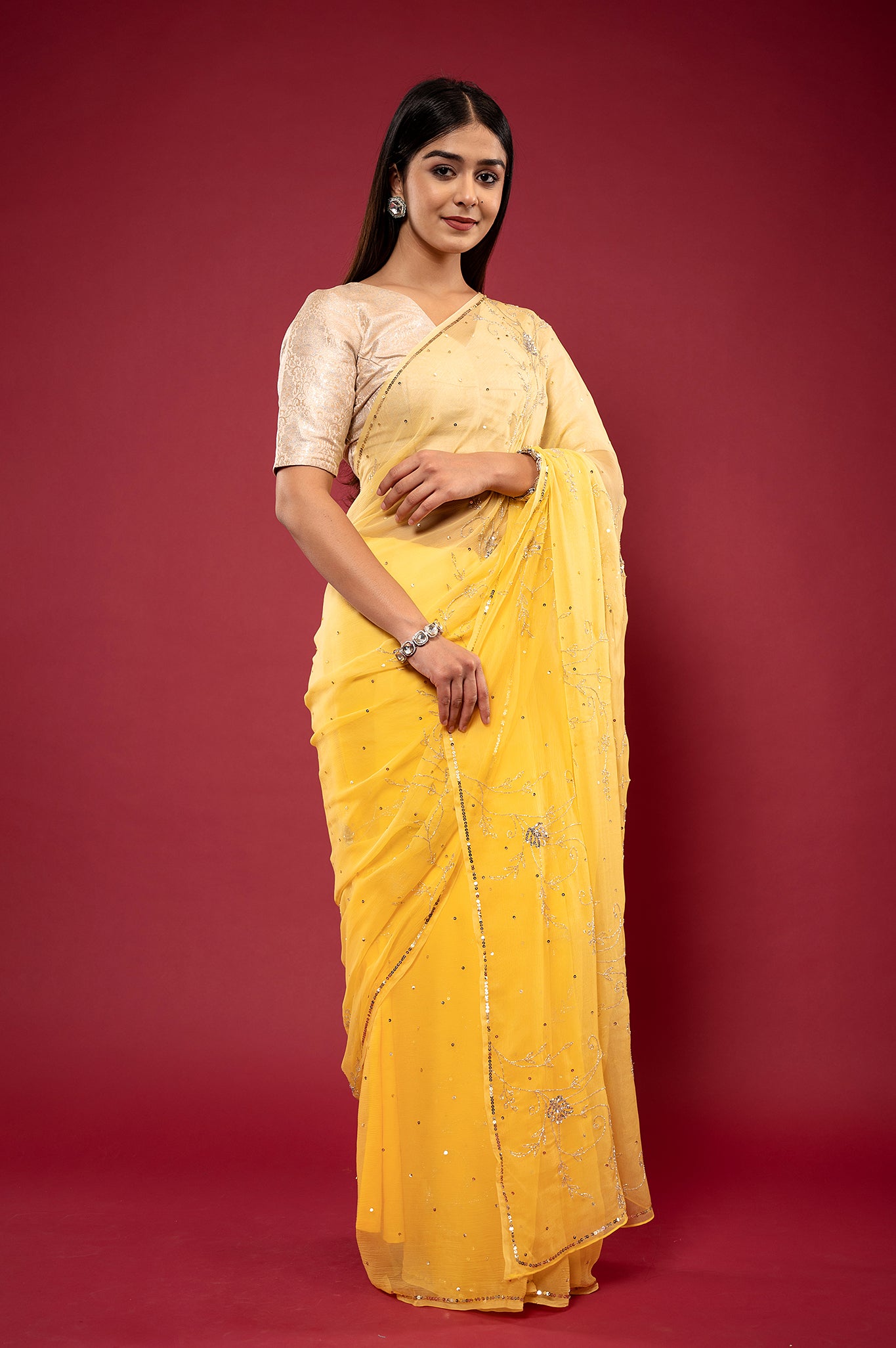 Yellow light dark viscose chiffon Sequins kardana handwork casual wear saree