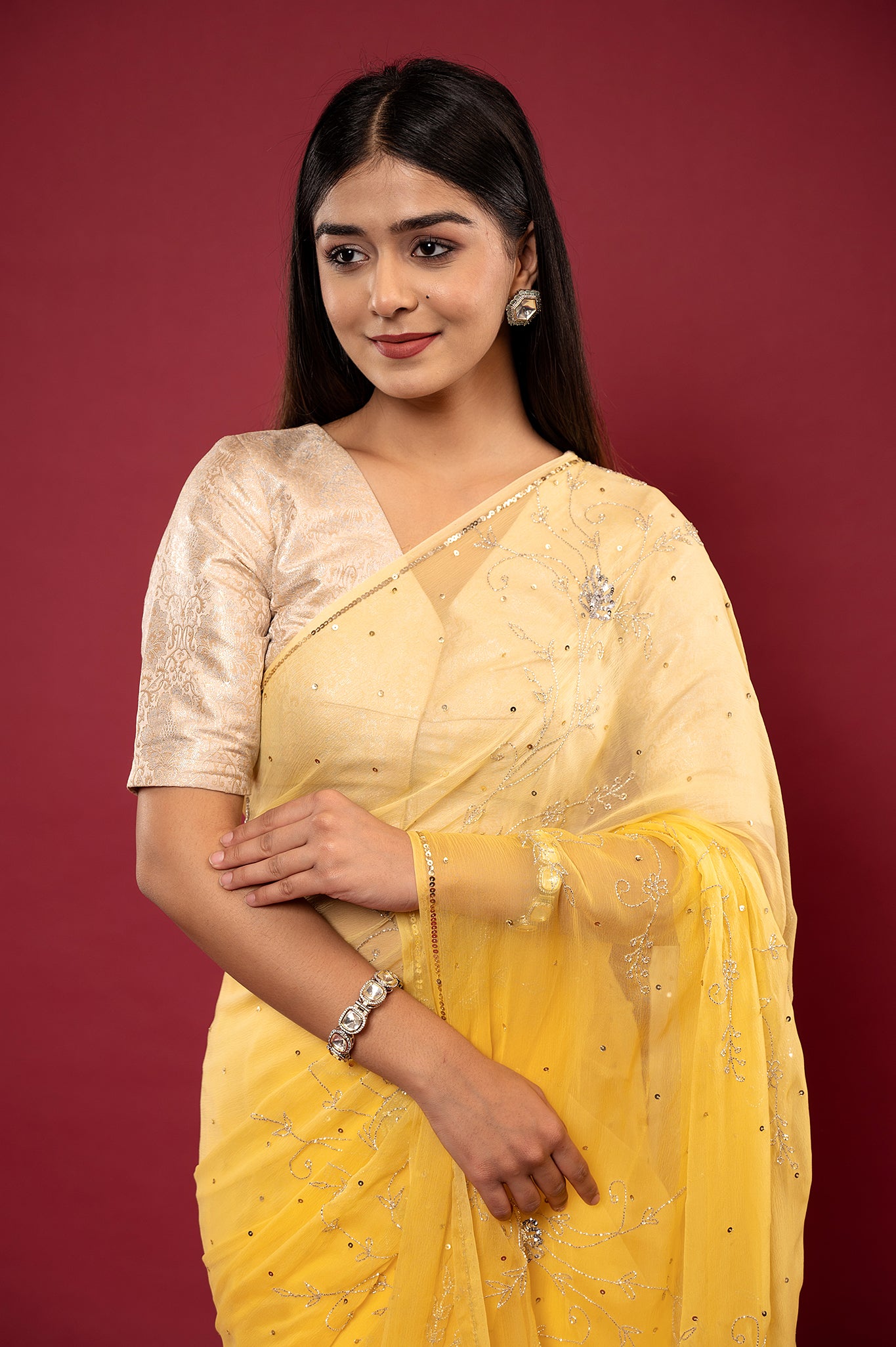 Yellow light dark viscose chiffon Sequins kardana handwork casual wear saree