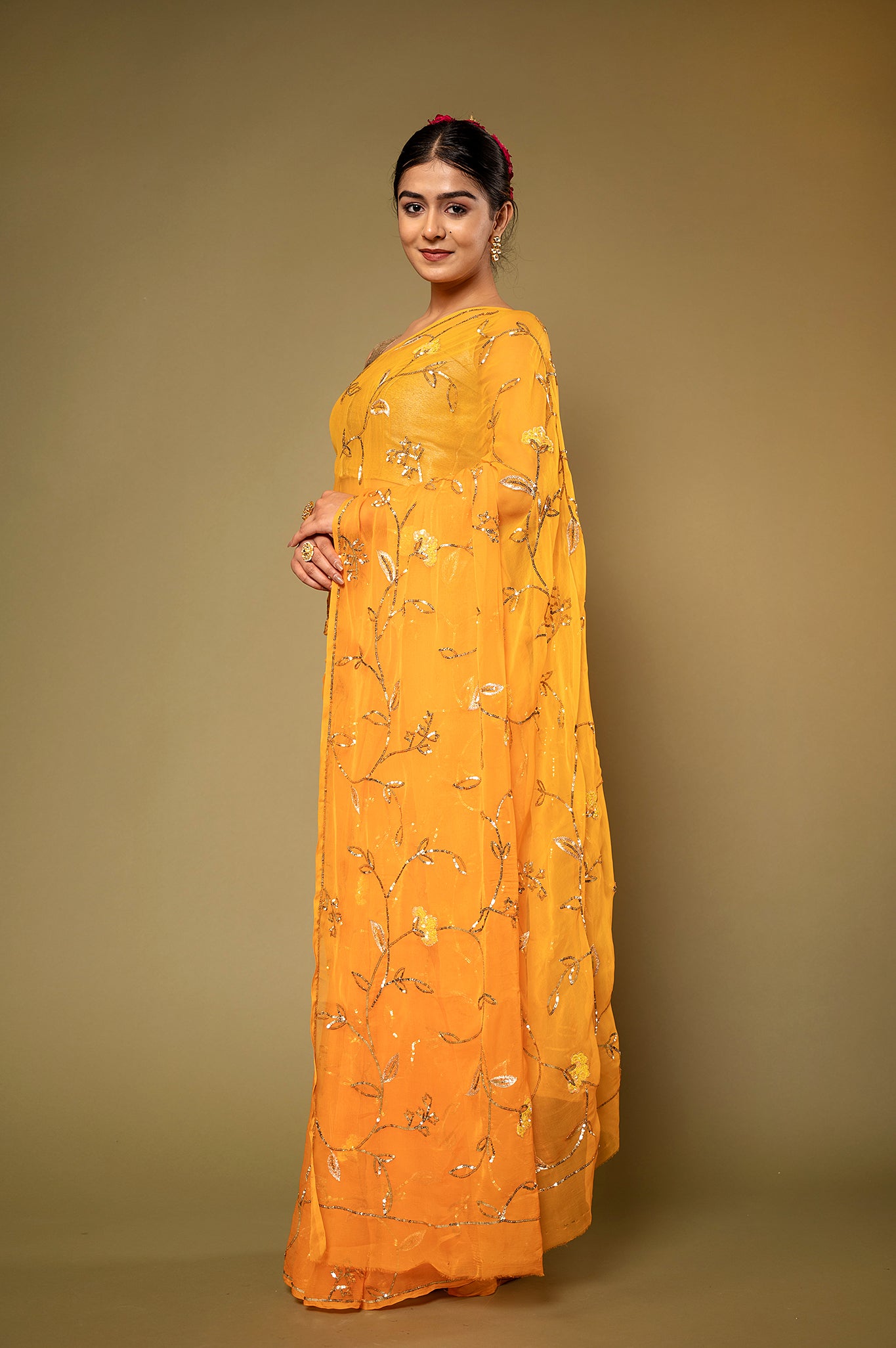 Orange Viscose Chiffon Sequins Jaal Handwork  Saree