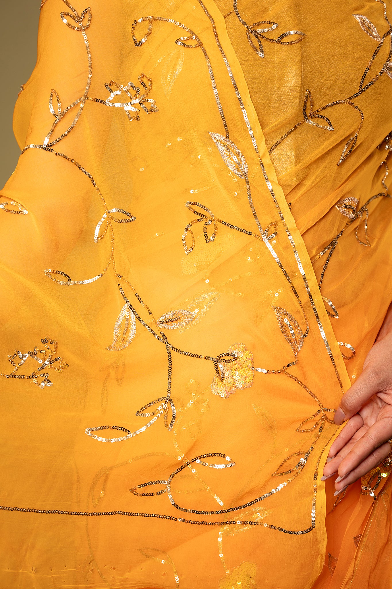 Orange Viscose Chiffon Sequins Jaal Handwork  Saree