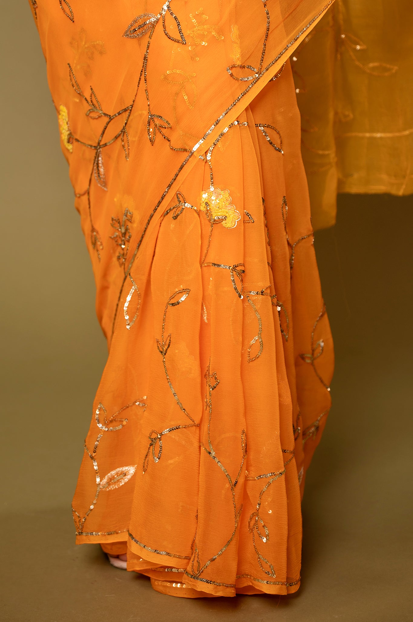 Orange Viscose Chiffon Sequins Jaal Handwork  Saree