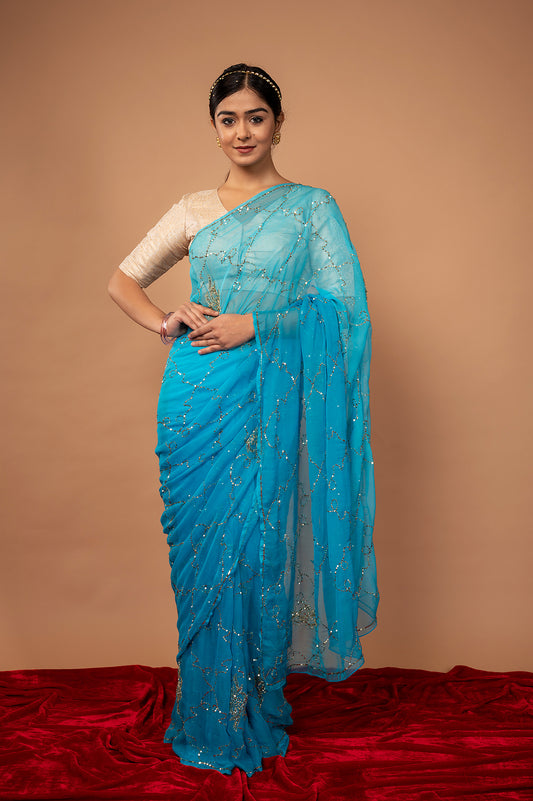 Viscose Chiffon Sky Blue Siquin Work Saree