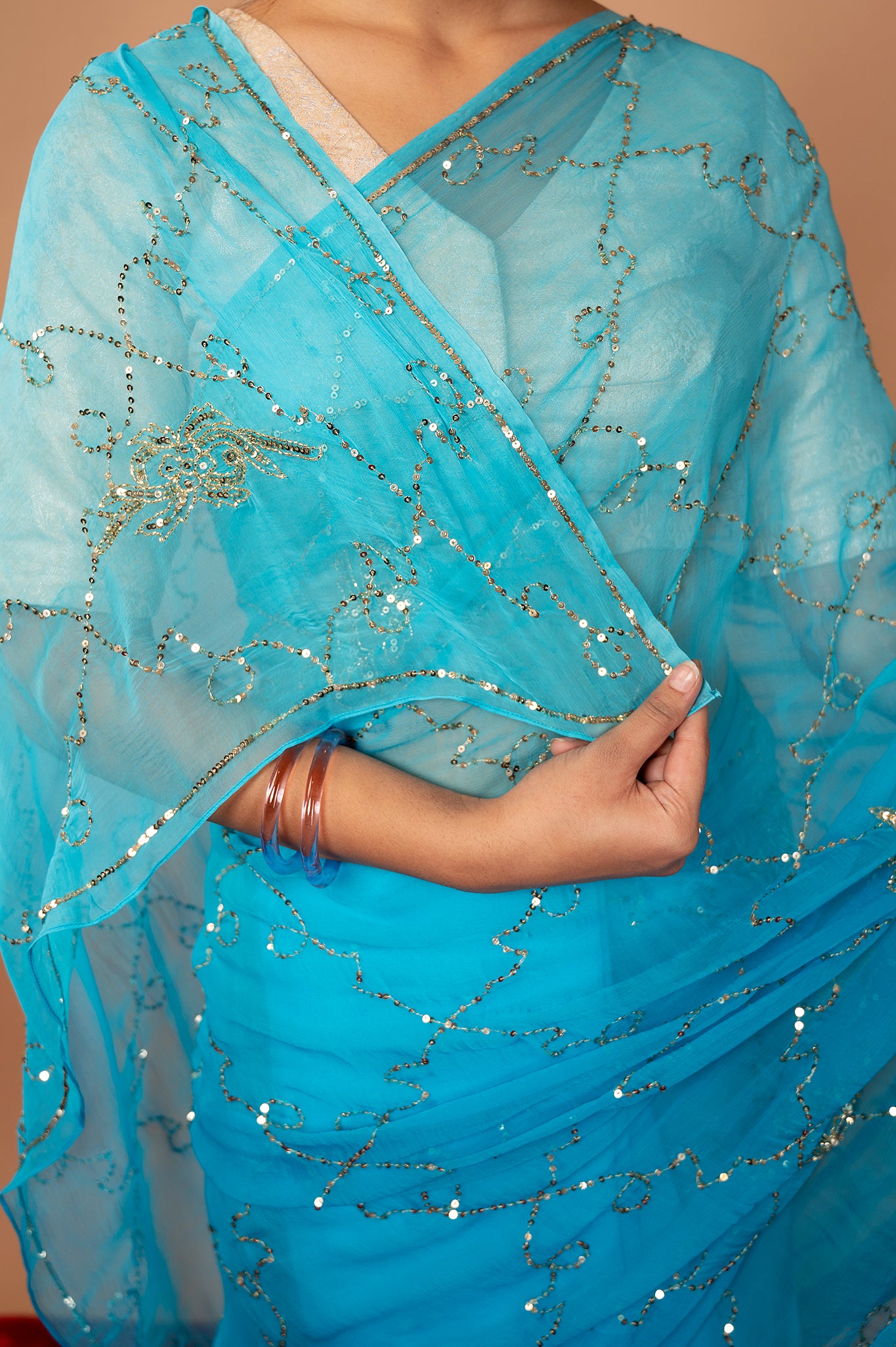 Viscose Chiffon Sky Blue Siquin Work Saree