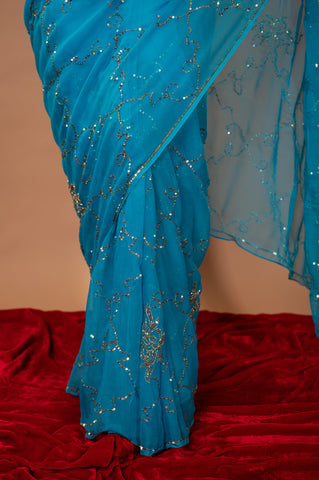 Viscose Chiffon Sky Blue Siquin Work Saree