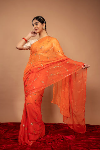 Viscose Chiffon Orange Aari Siquin Saree