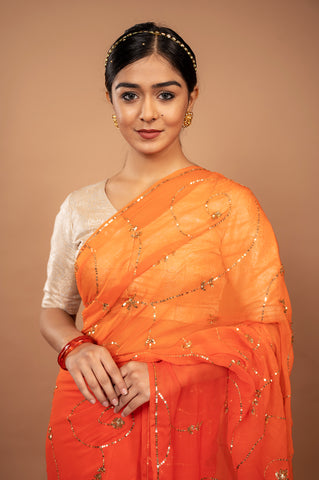 Viscose Chiffon Orange Aari Siquin Saree