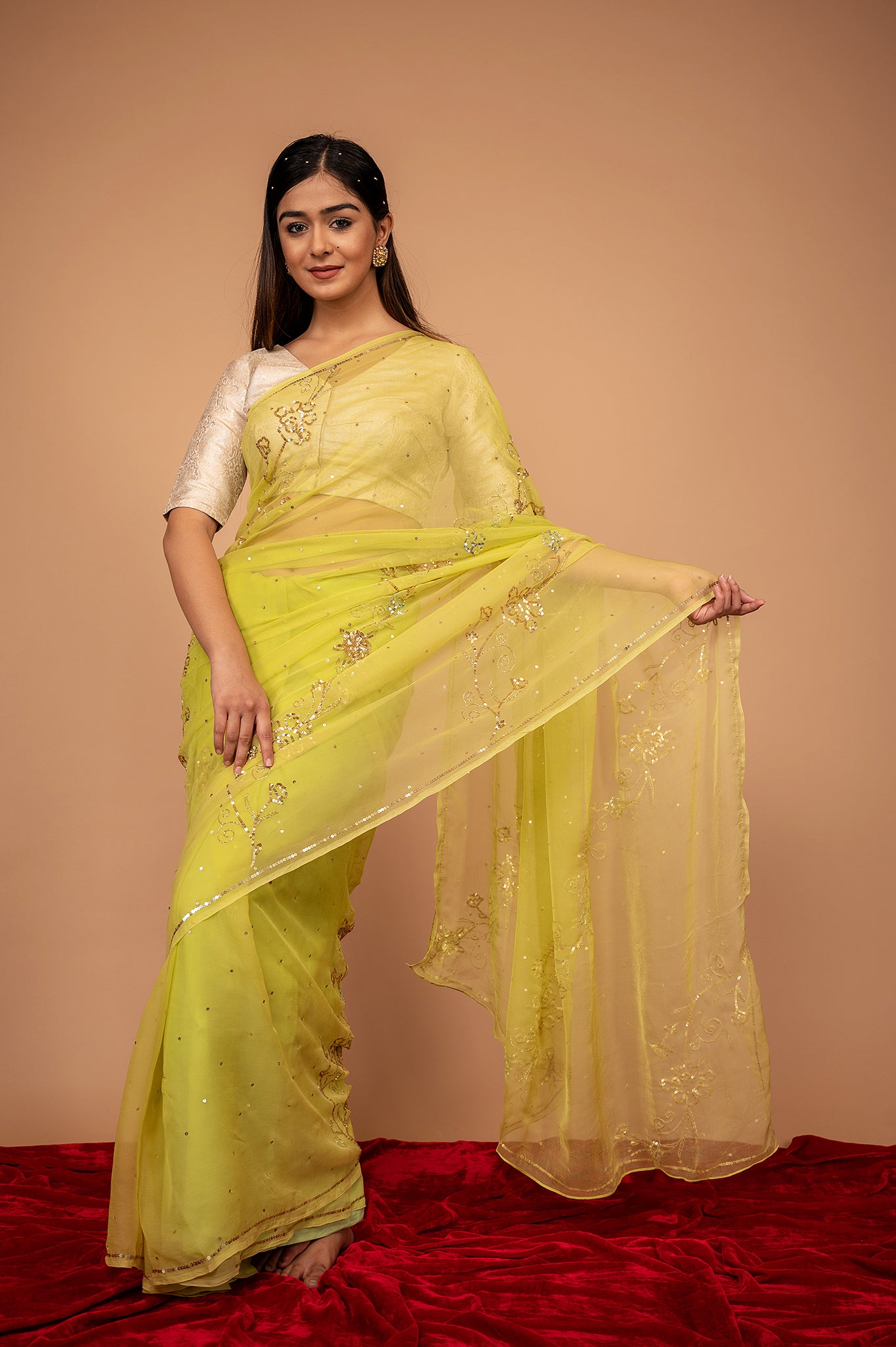 Lemon Yellow Viscose Chiffon All over Sequins Handwork  Saree