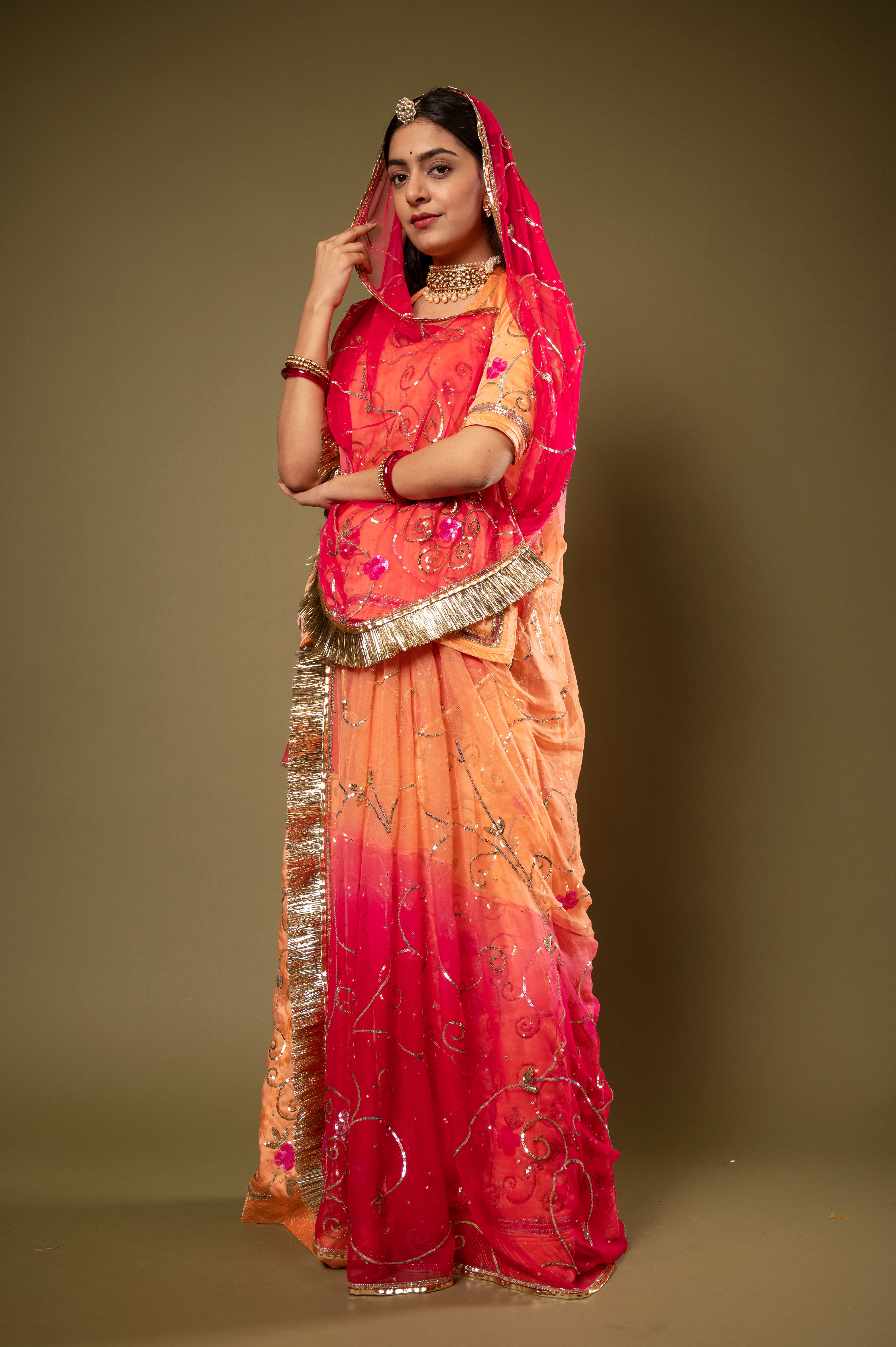 Peach Multi  Odhana bamber satin sequins jaal handwork Rajputi Poshak  with Pure odhna