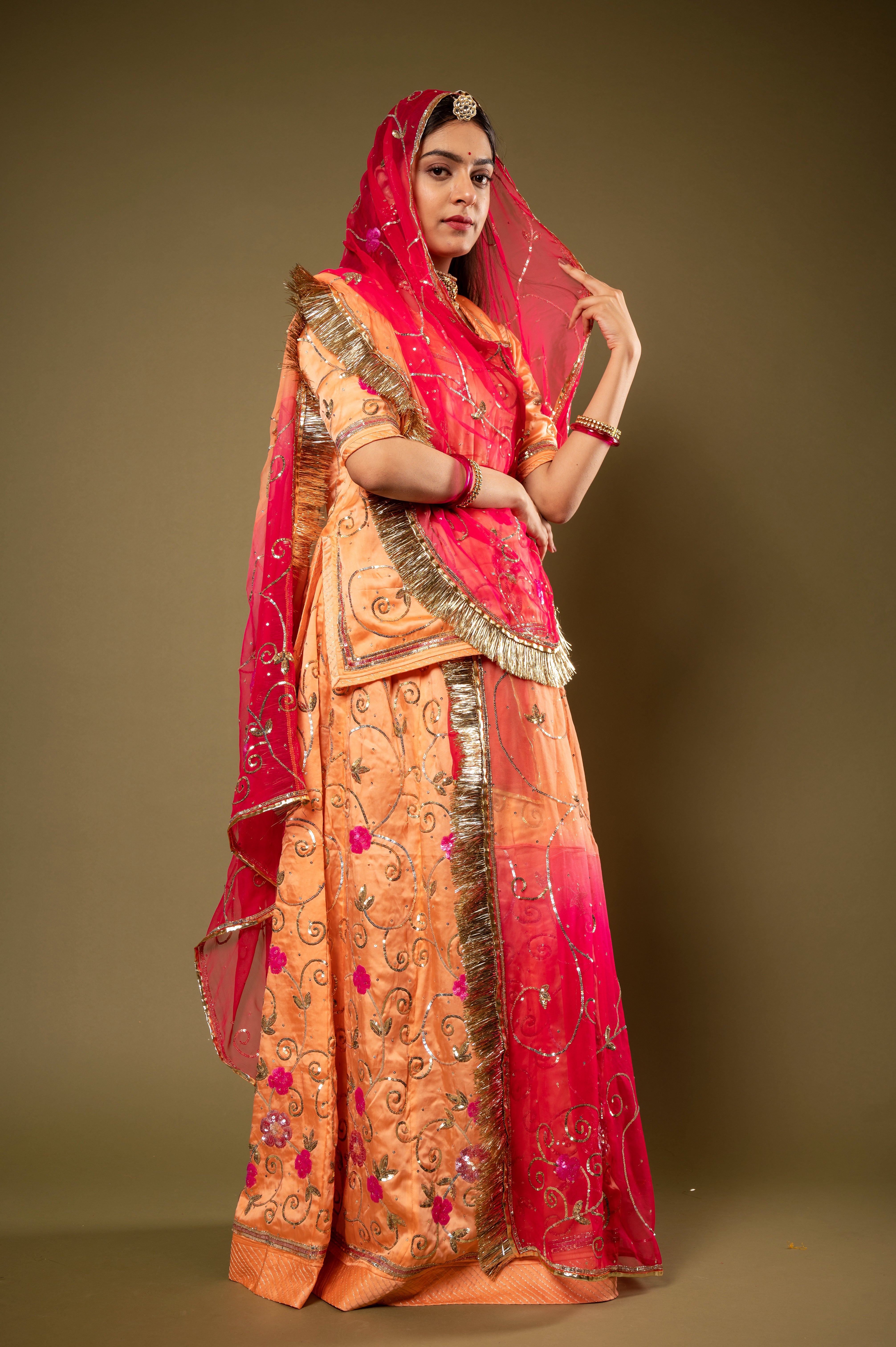 Peach Multi  Odhana bamber satin sequins jaal handwork Rajputi Poshak  with Pure odhna