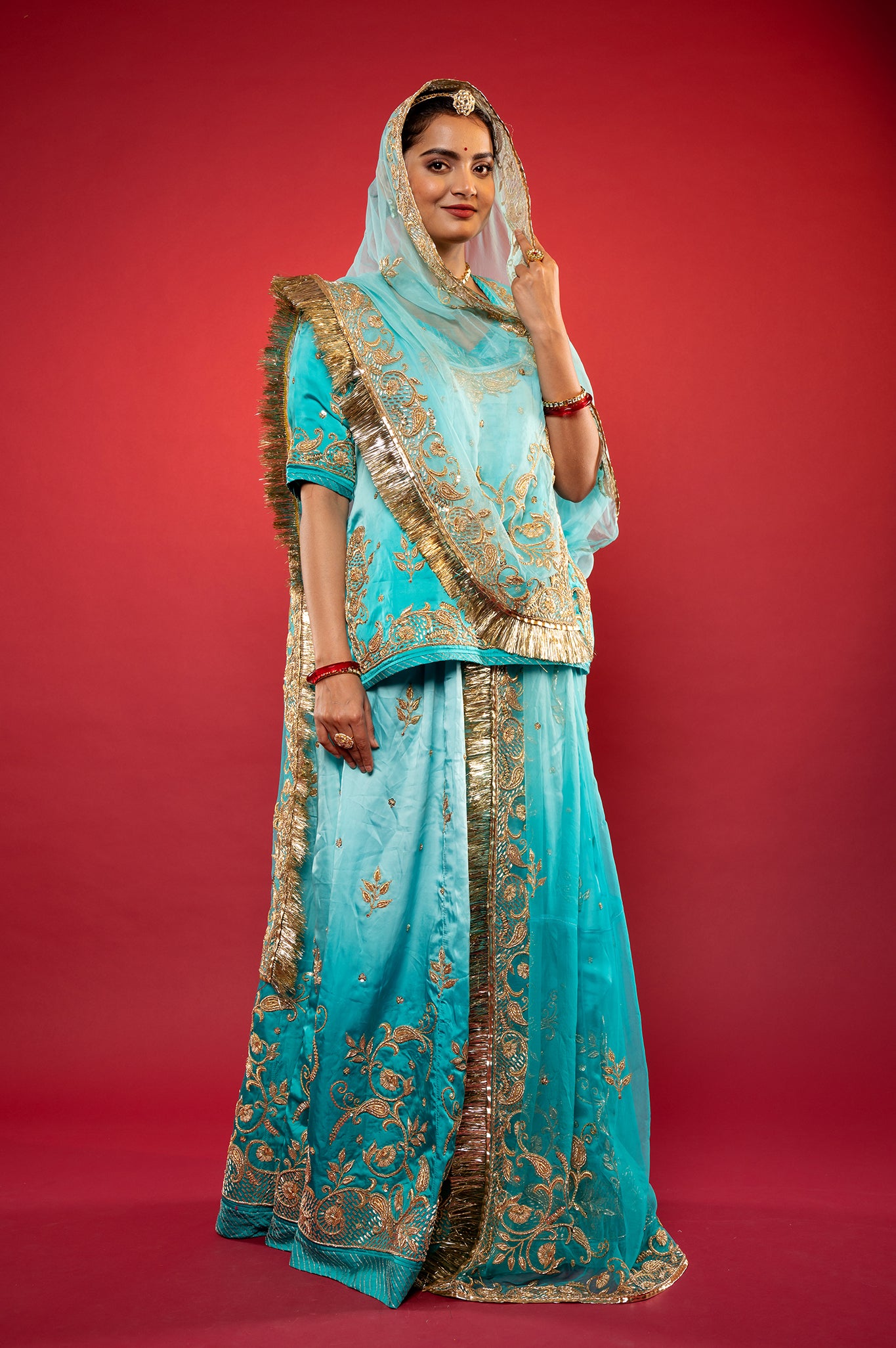 Sky blue light dark bamber Satin zardozi handwork rajputi Poshak  with Pure odhna